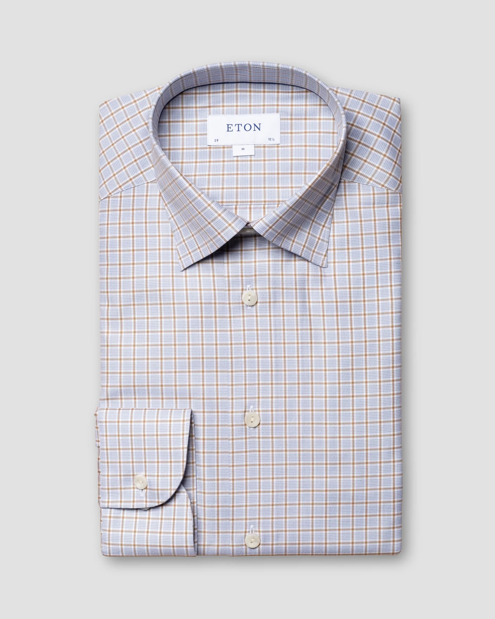 Eton - light blue cotton tencel stretch button under rounded single one buttonhole slim