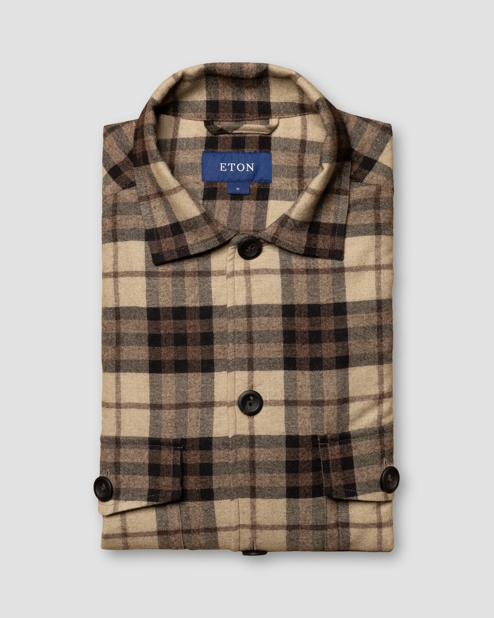 Eton - brown checked cotton wool cashmere overshirt turn down single cuff pointed strap regular