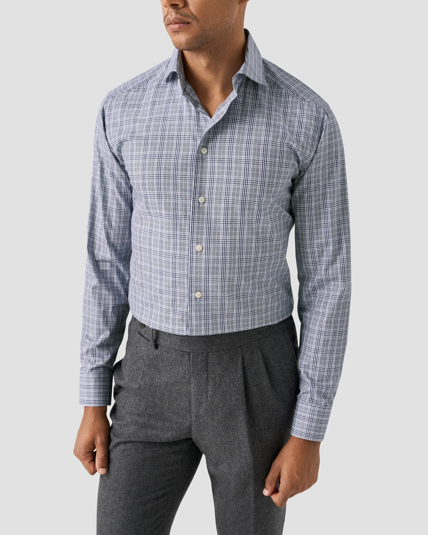 Eton - dark blue prince of wales check twill shirt