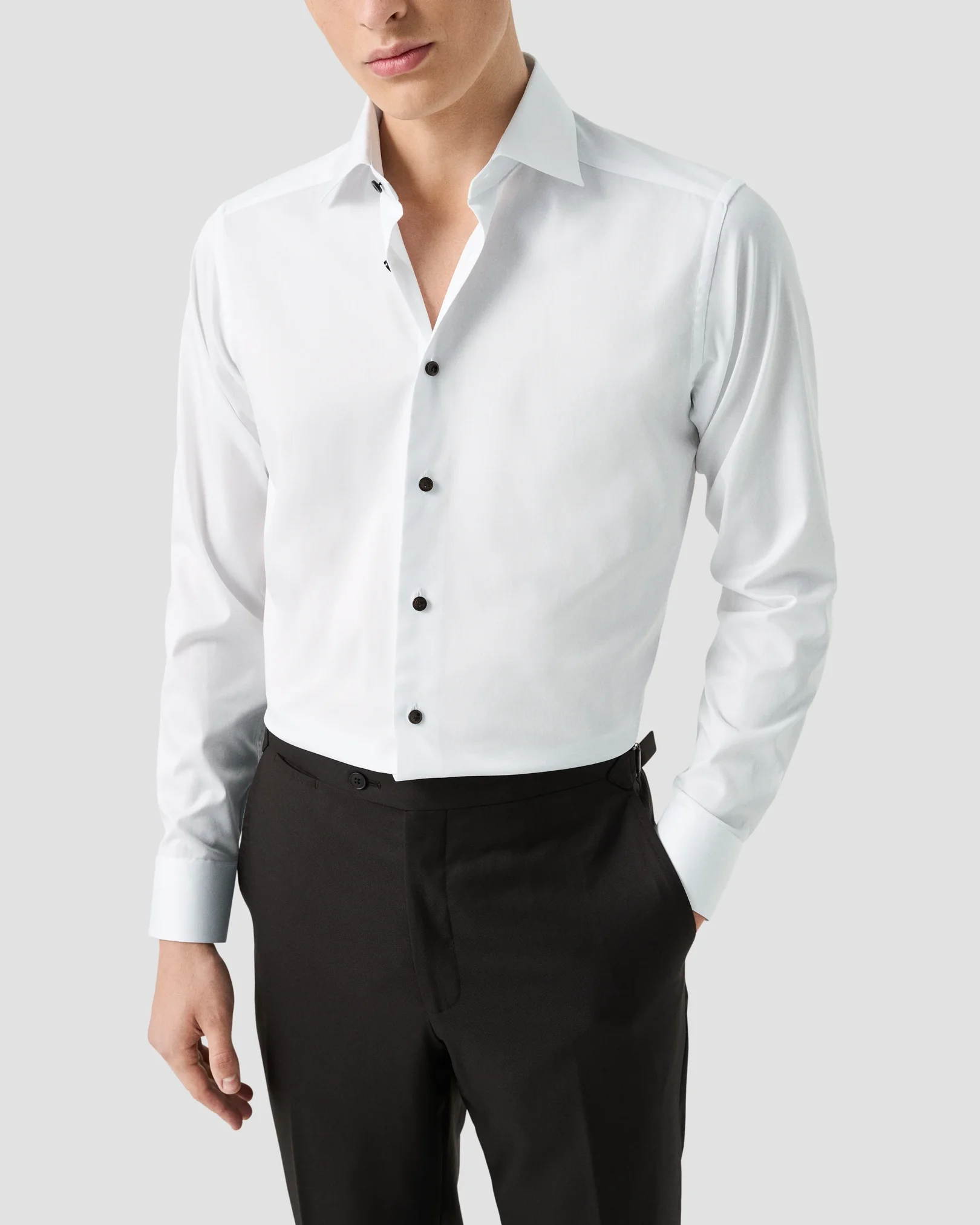Eton - white solid brown buttons signature twill shirt