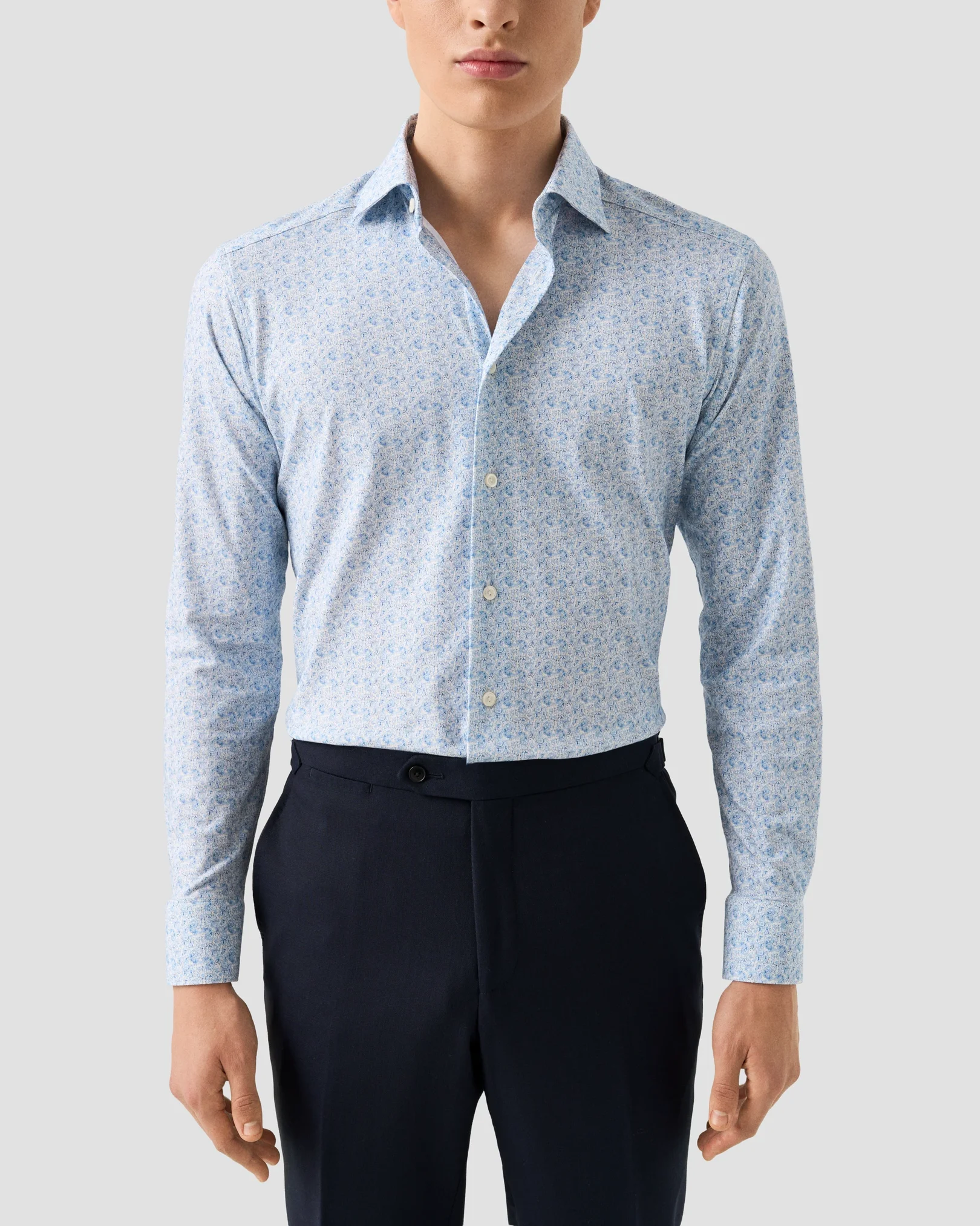 Eton - light blue paisley cotton four way stretch shirt