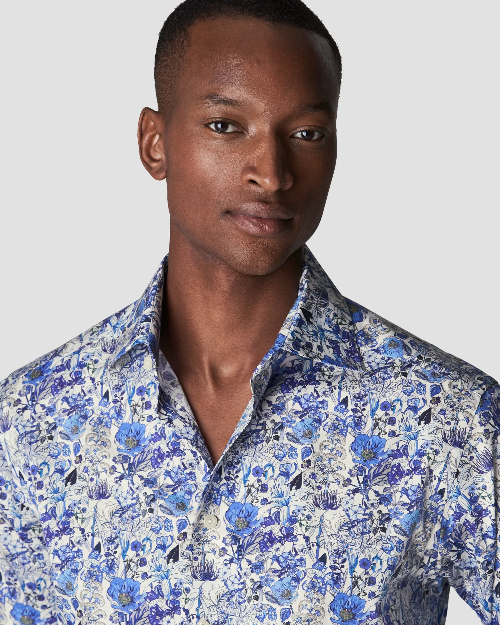 Eton - mid blue signature twill cut floral print
