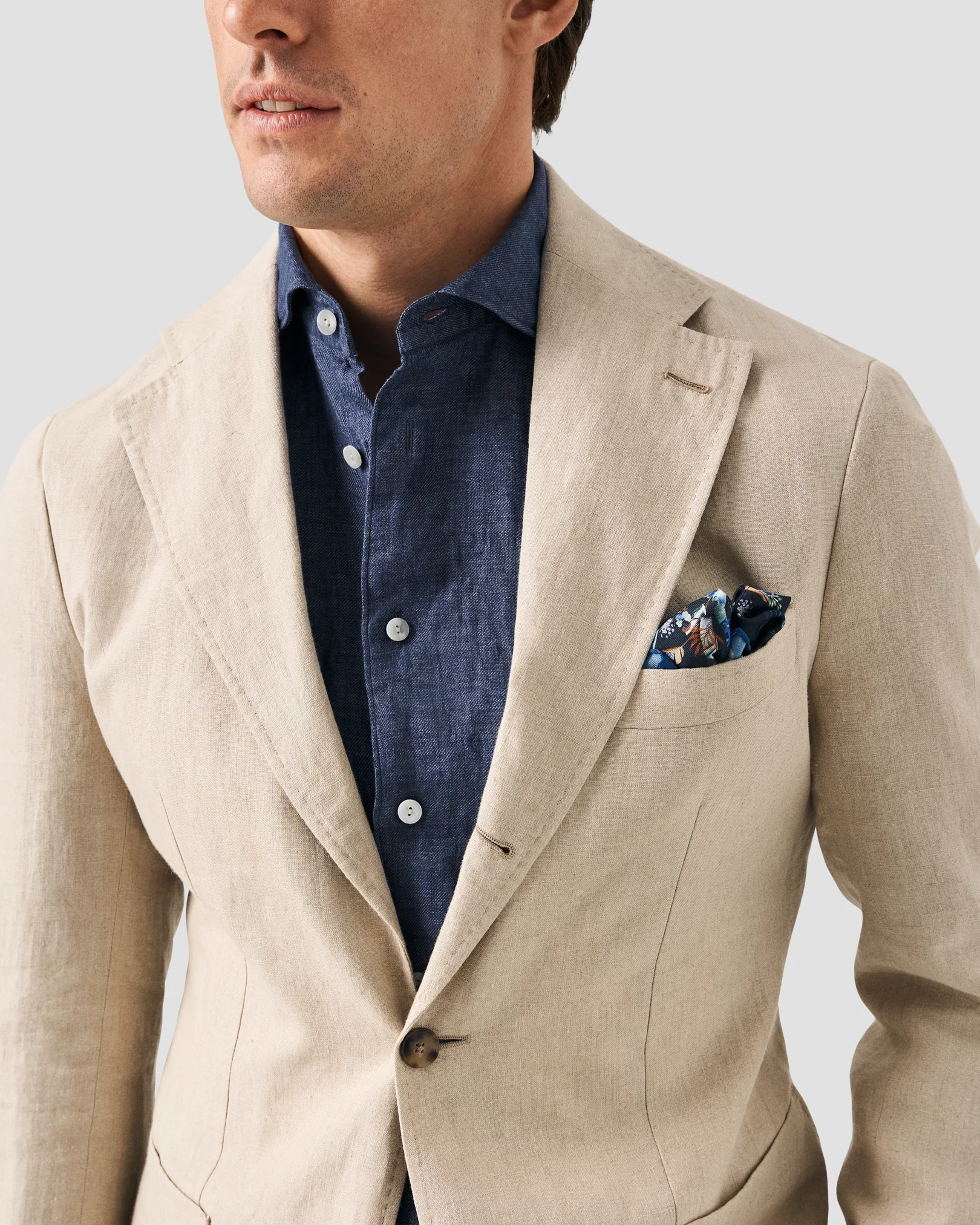 Eton - solid navy linen shirt wide spread