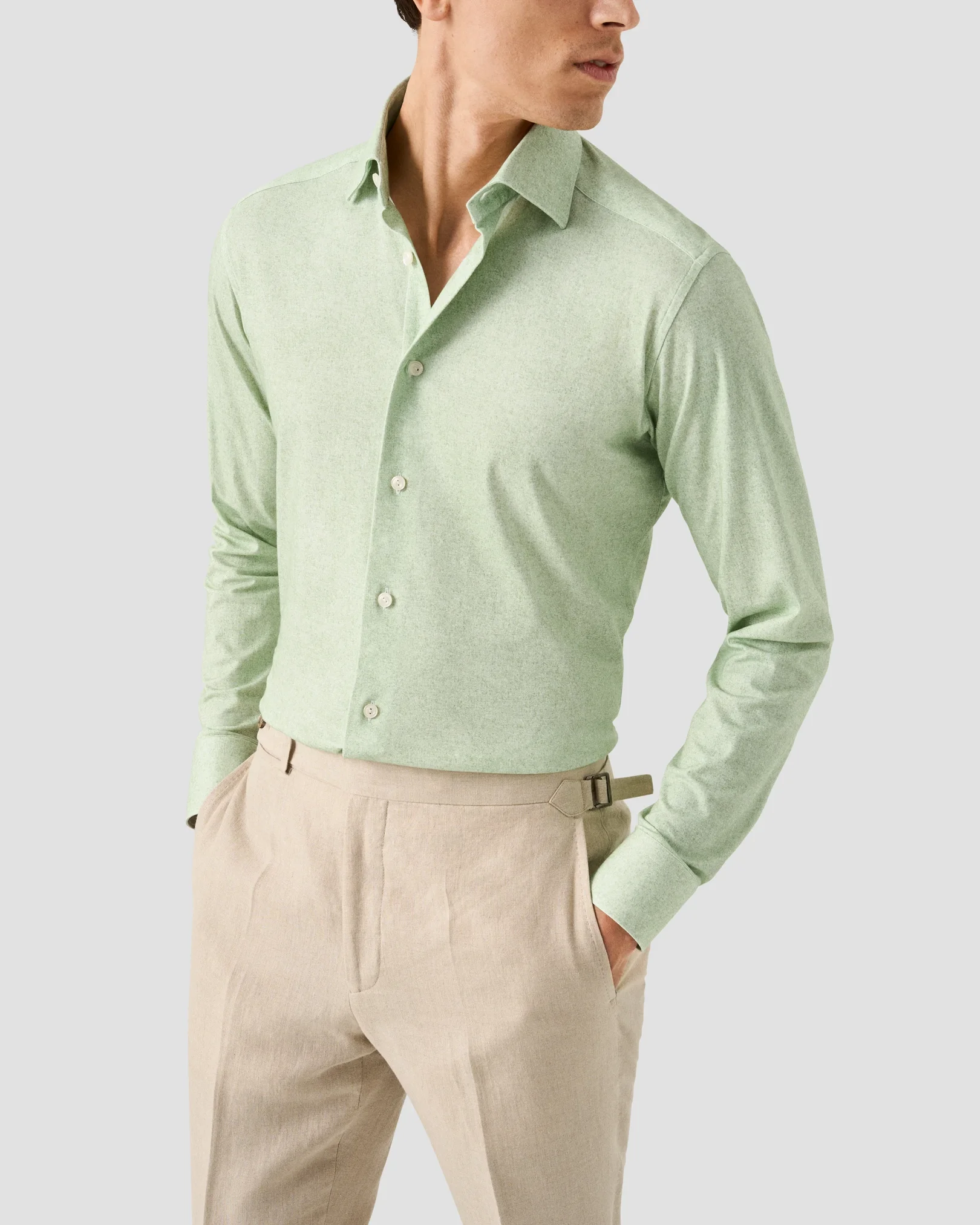Eton - mid green solid cotton four way stretch shirt