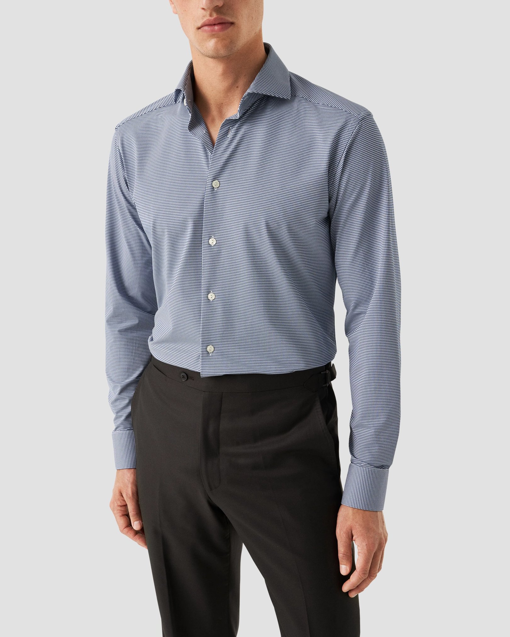 Eton - dark blue micro check four way strech shirt