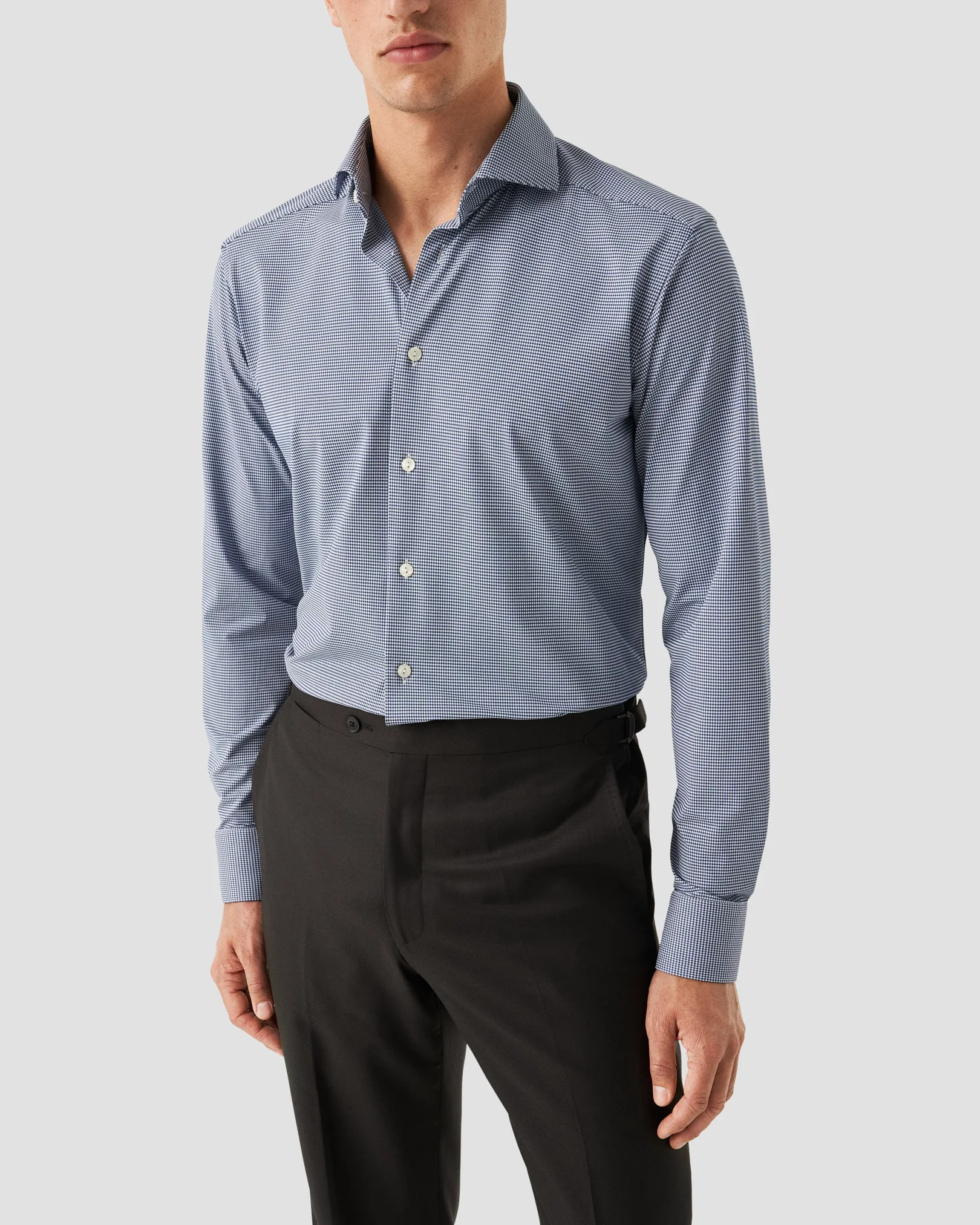 Eton - dark blue micro check four way strech shirt