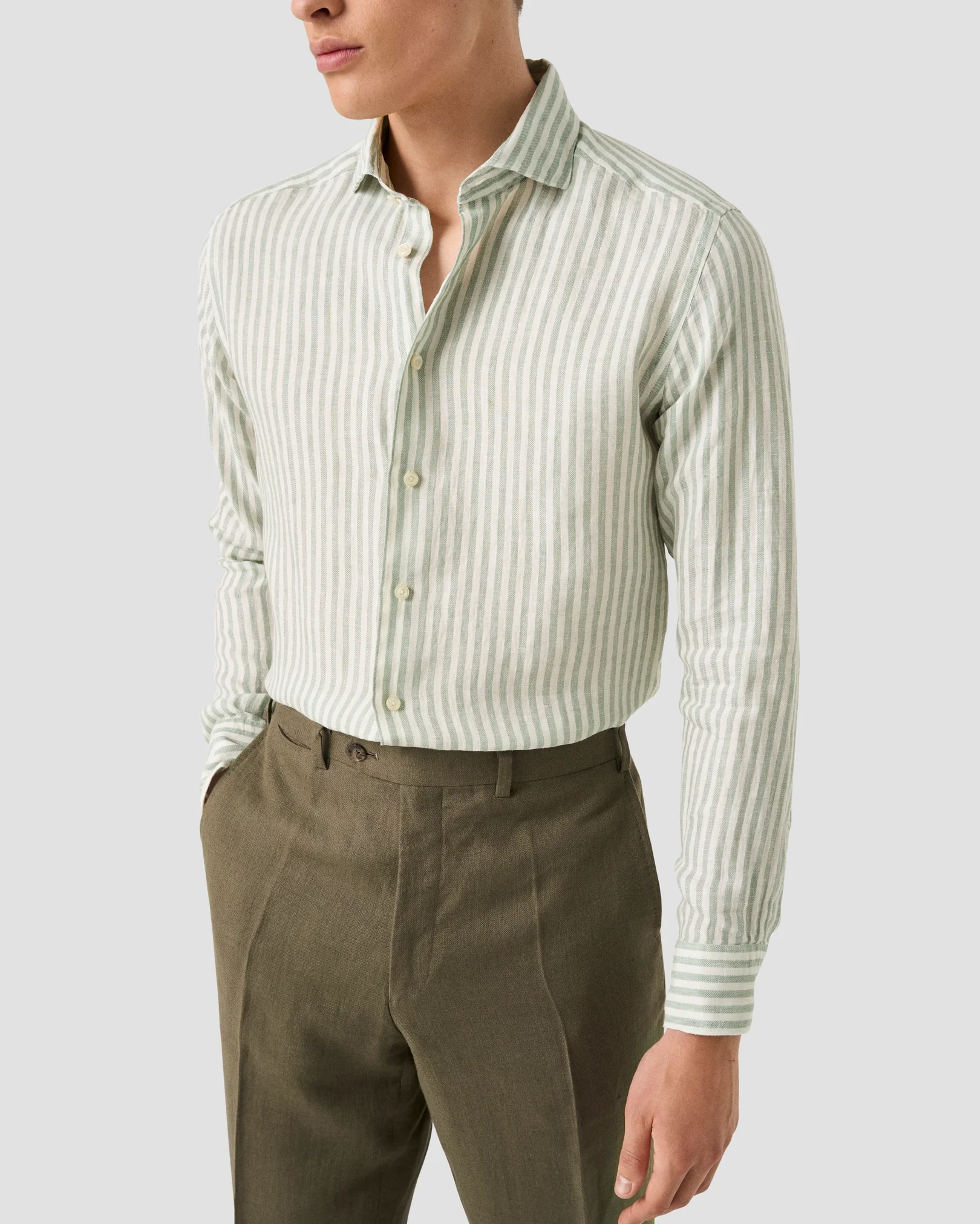 Eton - mid green striped linen twill shirt