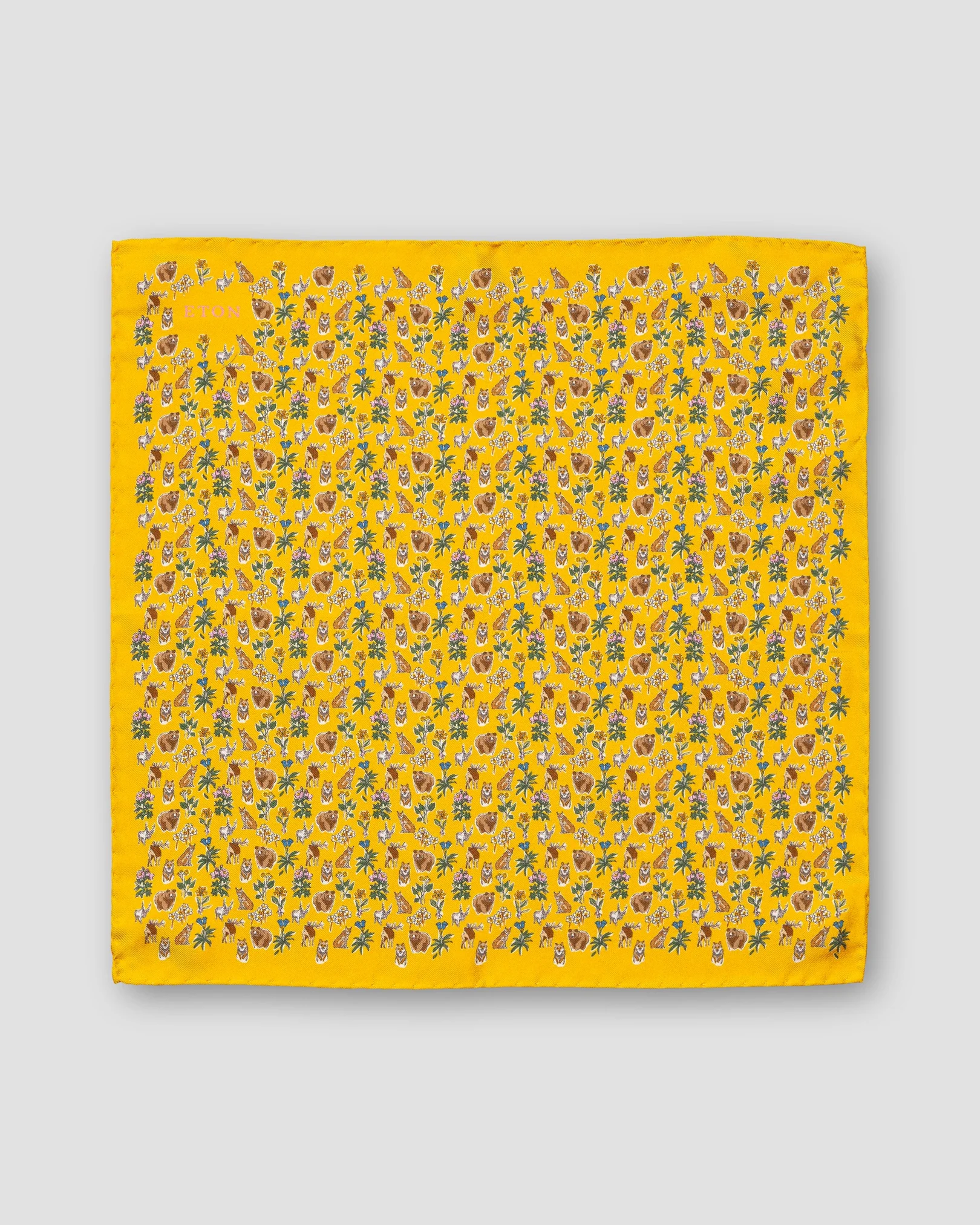 Eton - yellow flora and fauna print silk pocket square