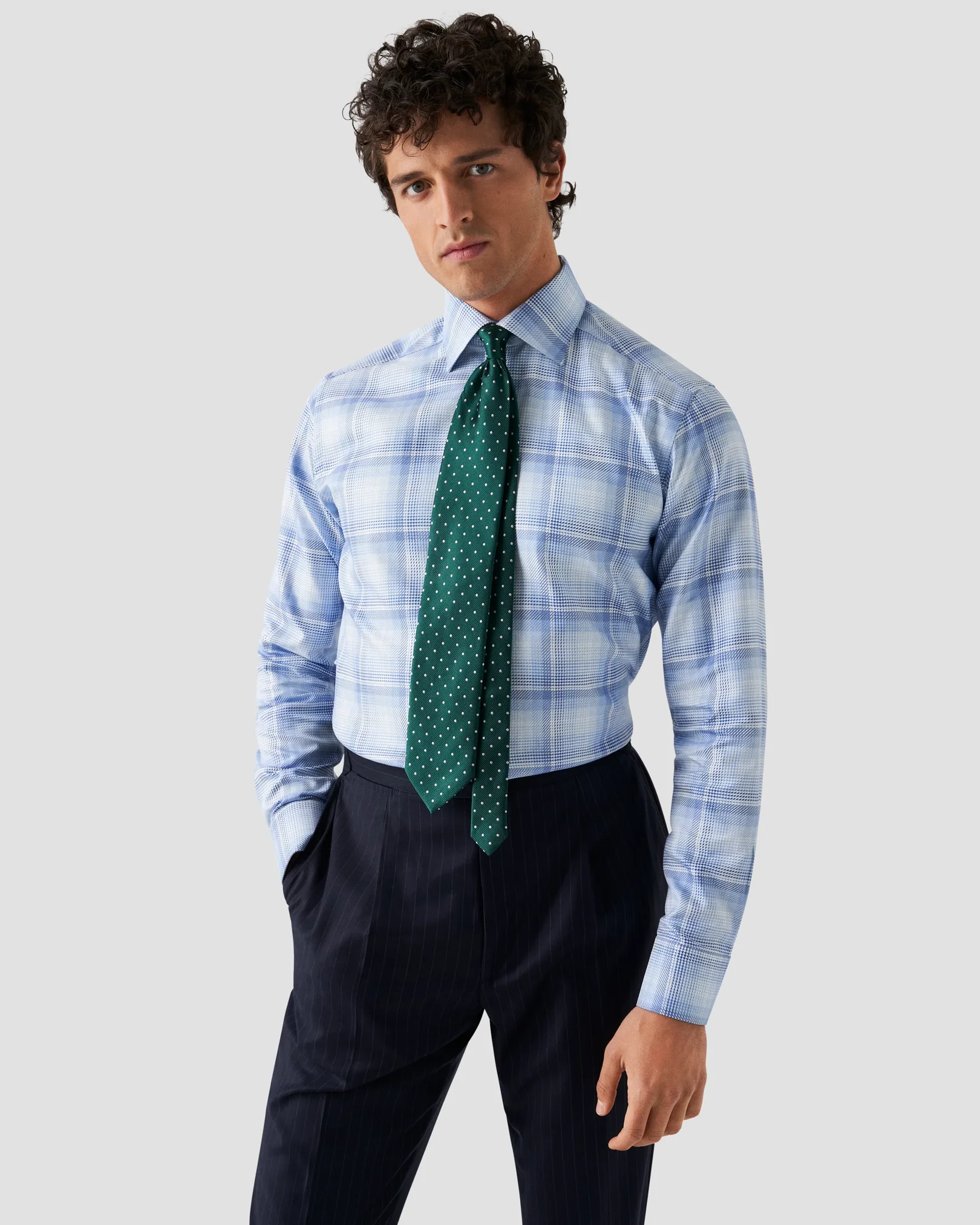 Eton - light blue checked textured twill