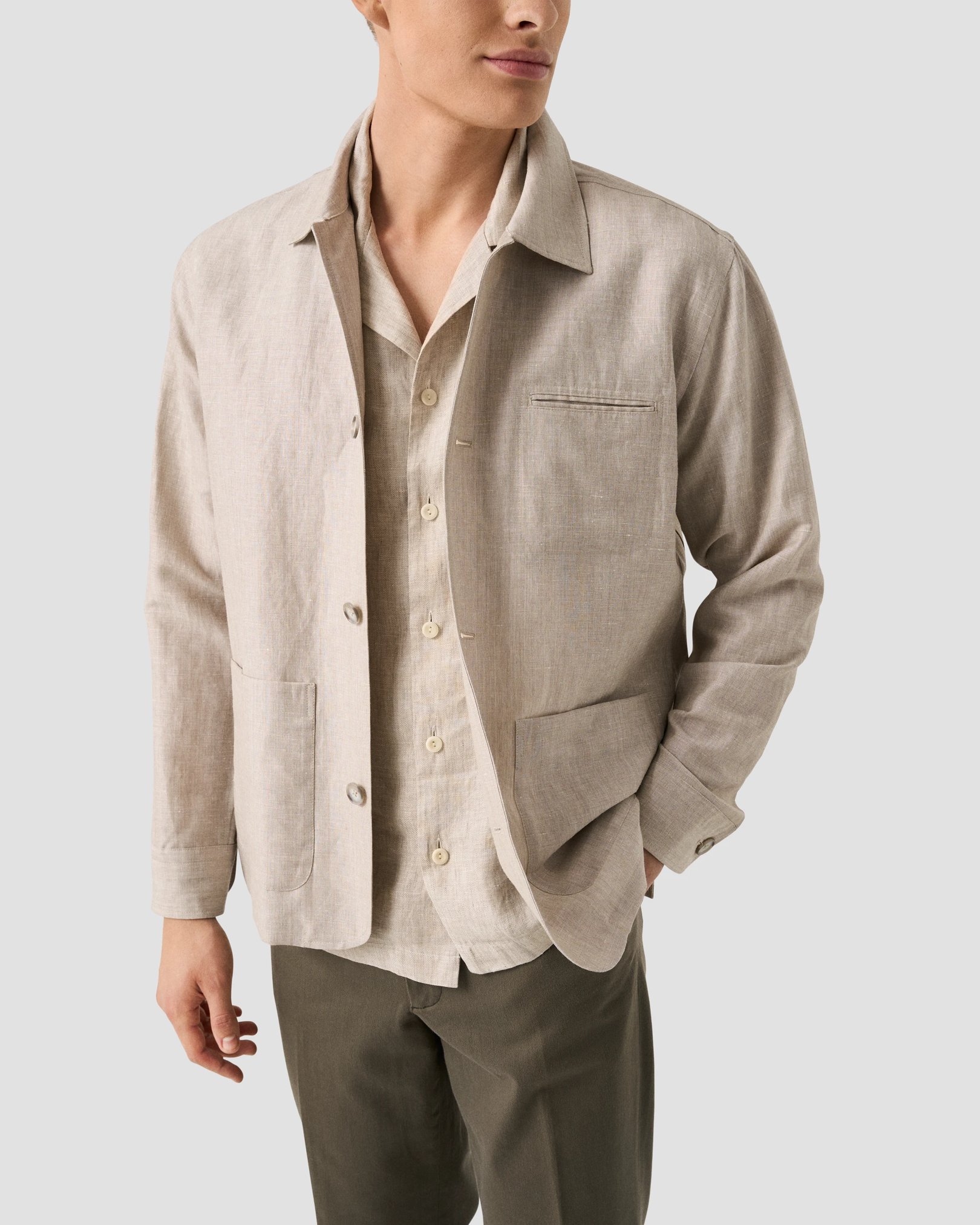 Eton - beige solid linen twill resort shirt