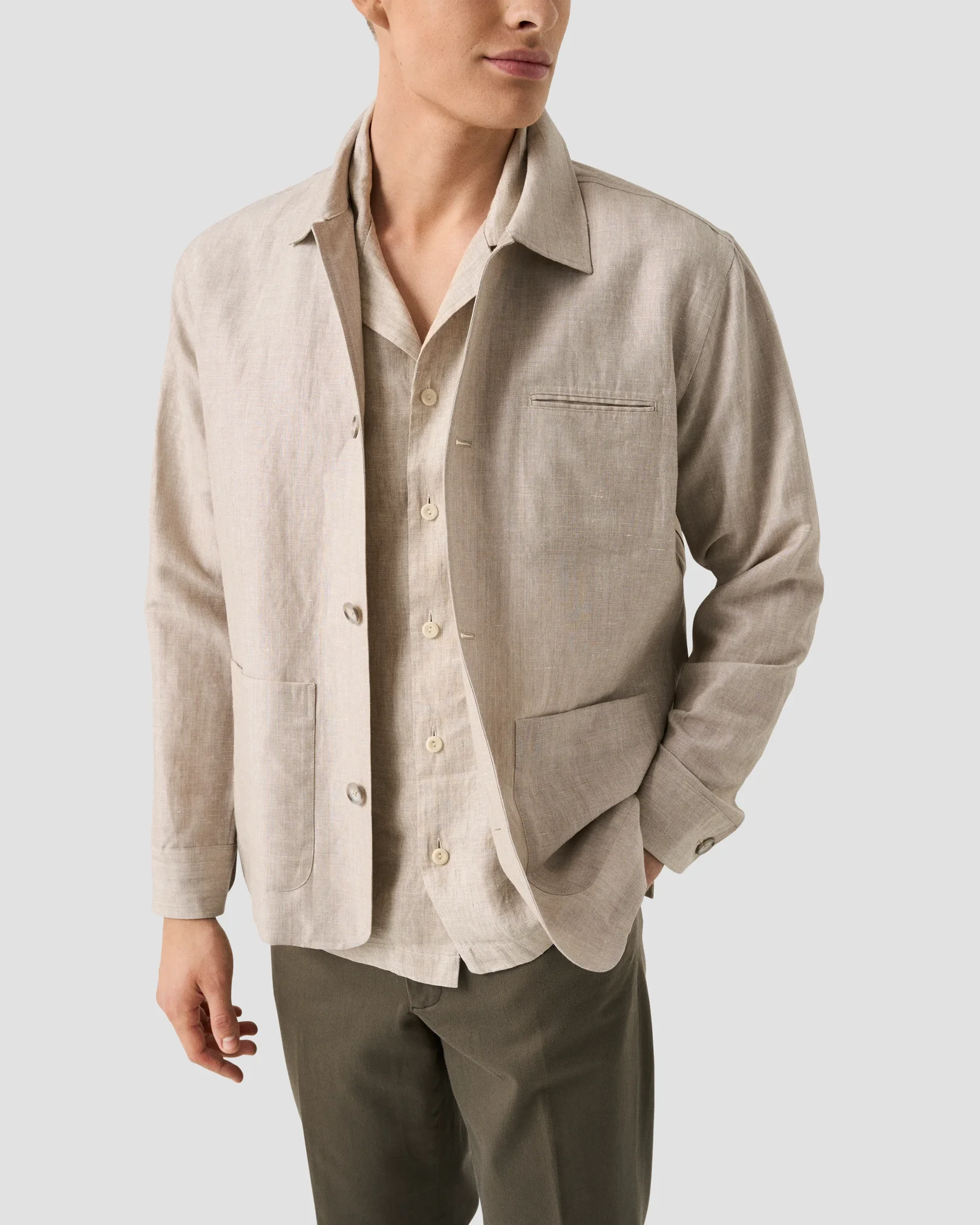 Eton - beige solid linen twill resort shirt