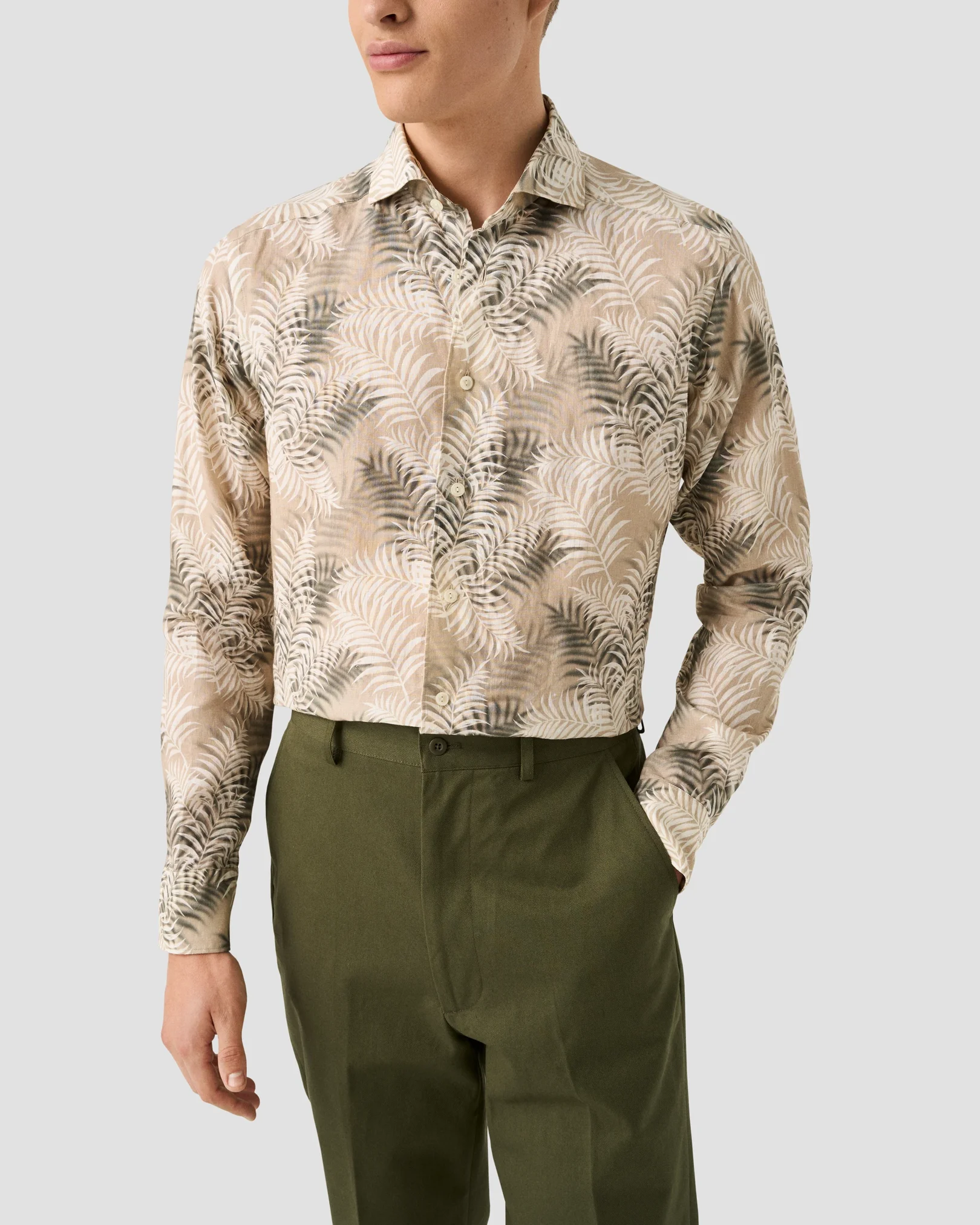 Eton - beige leaf print linen shirt