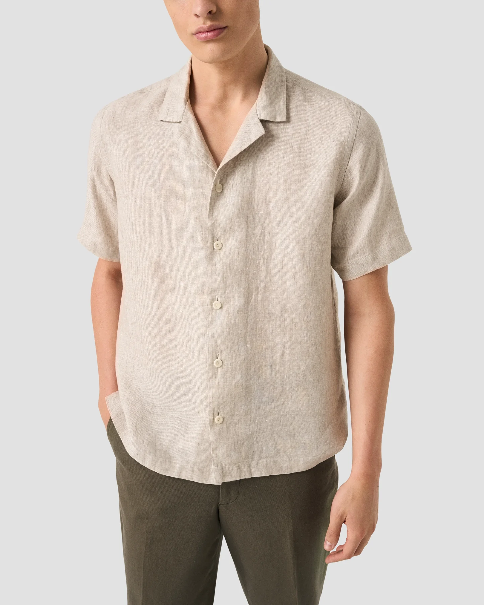 Eton - beige solid linen twill resort shirt