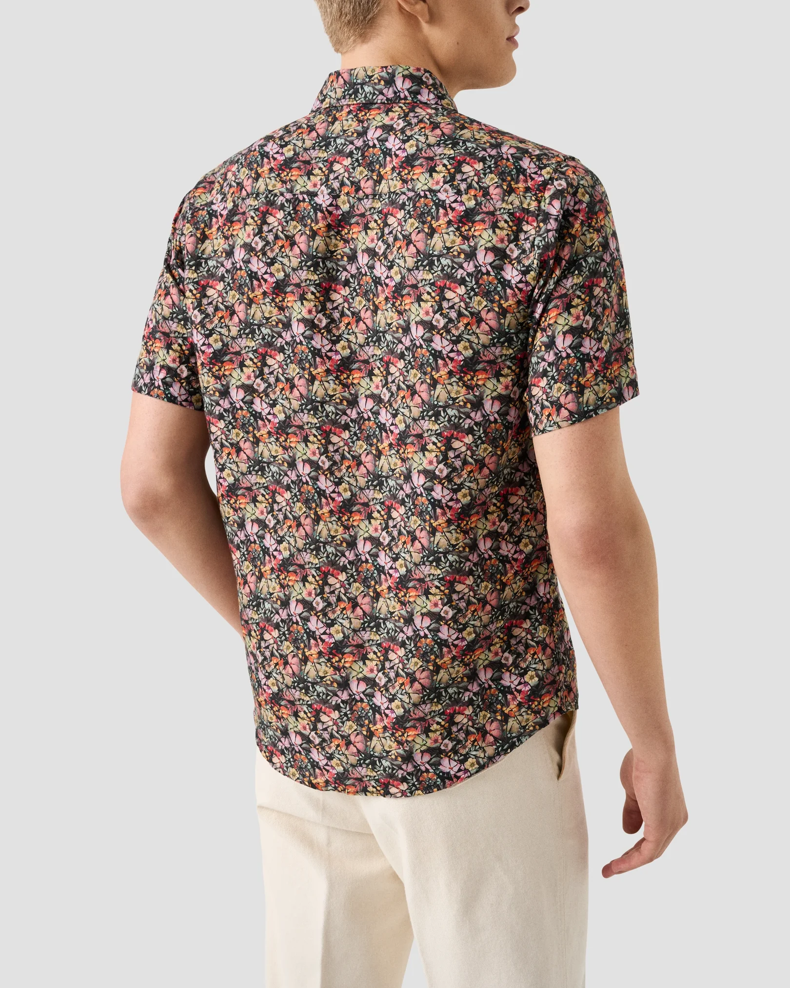 Eton - navy blue colorful flower mosaic print linen shirt widespread