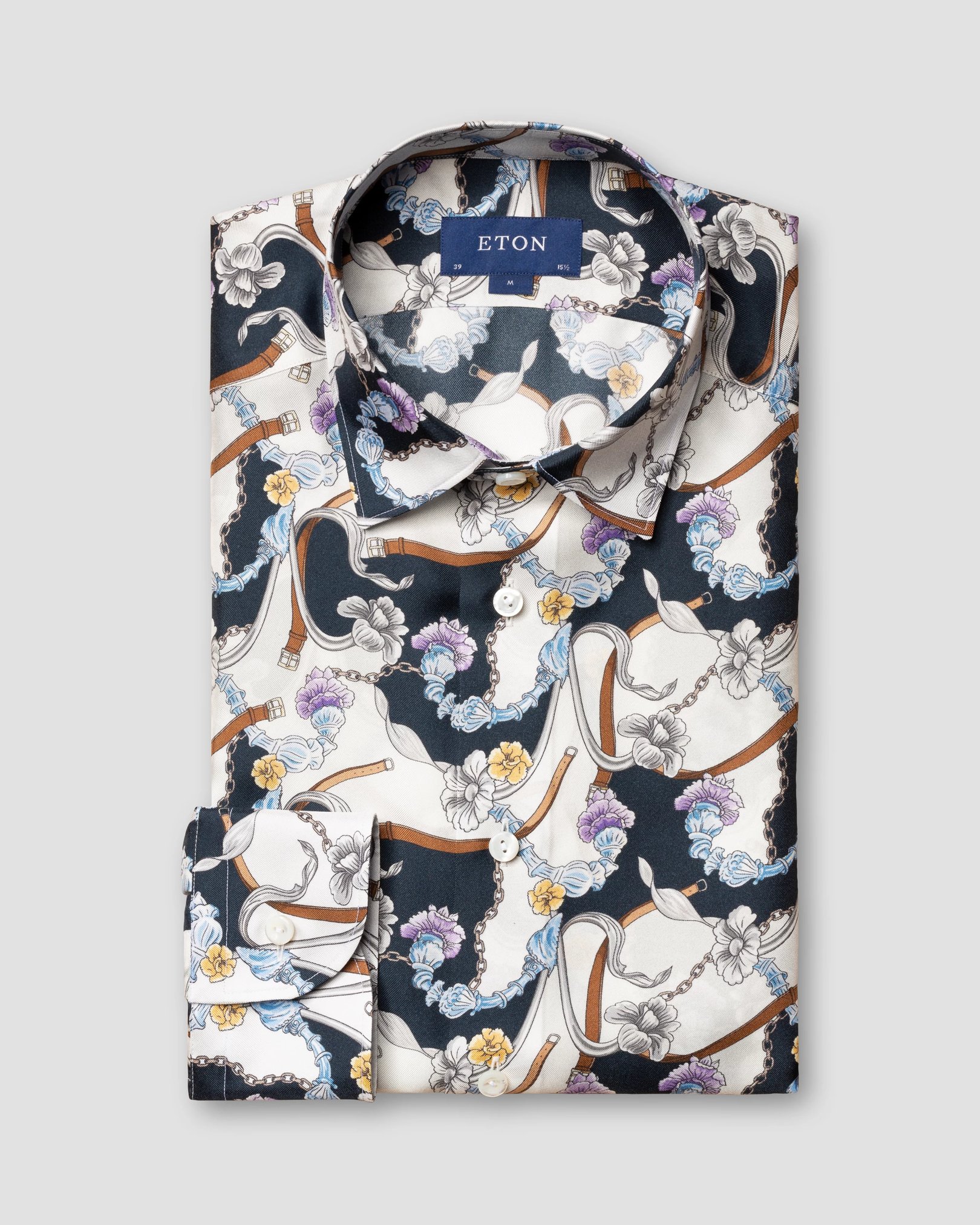Eton - blue chandelier print silk shirt pointed single rounded slim soft