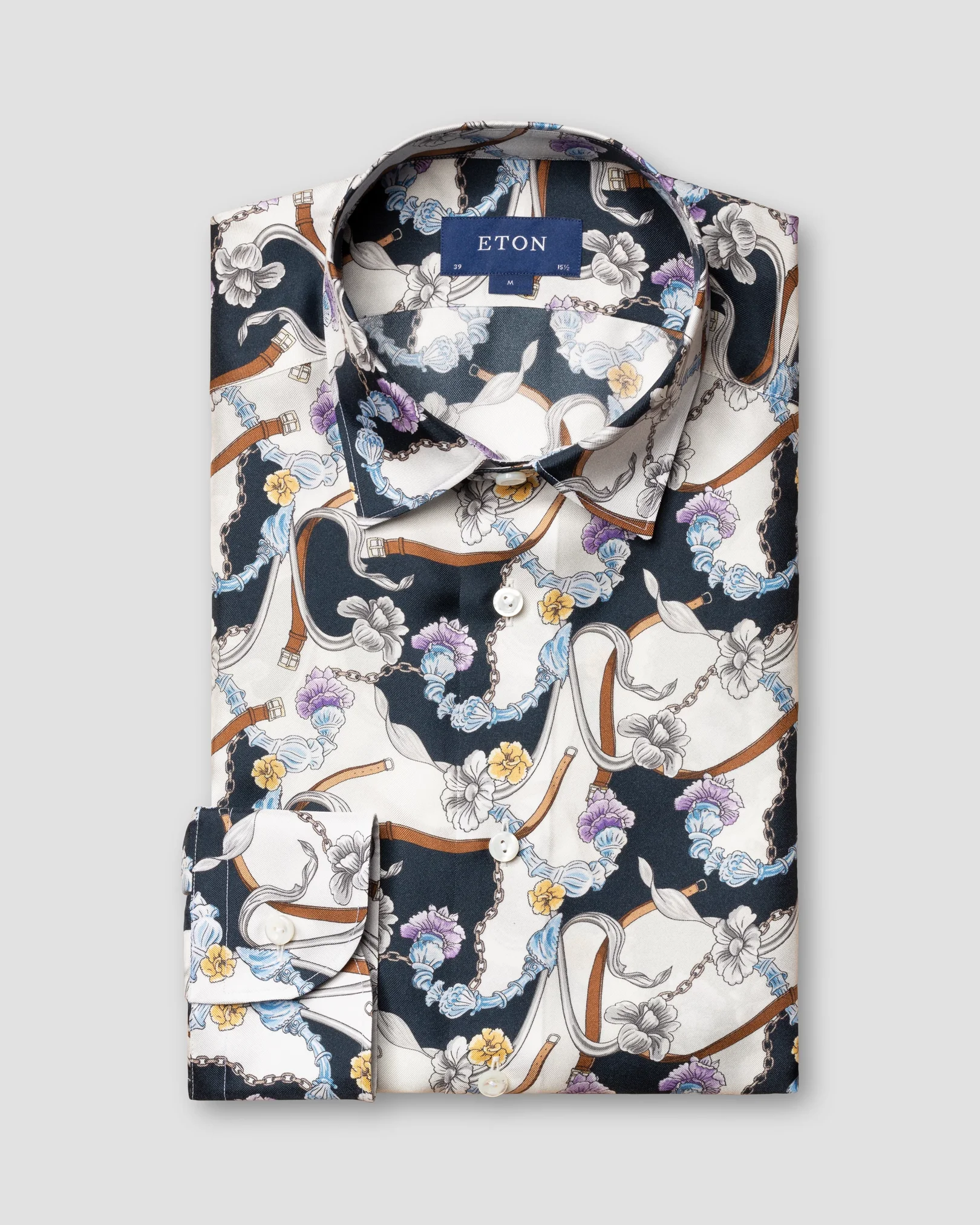 Eton - blue chandelier print silk shirt pointed single rounded slim soft