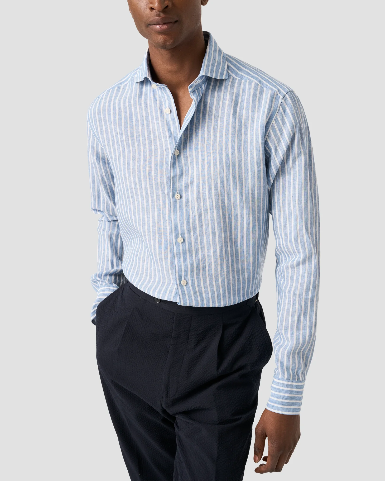 Eton - light blue striped linen shirt wide spread