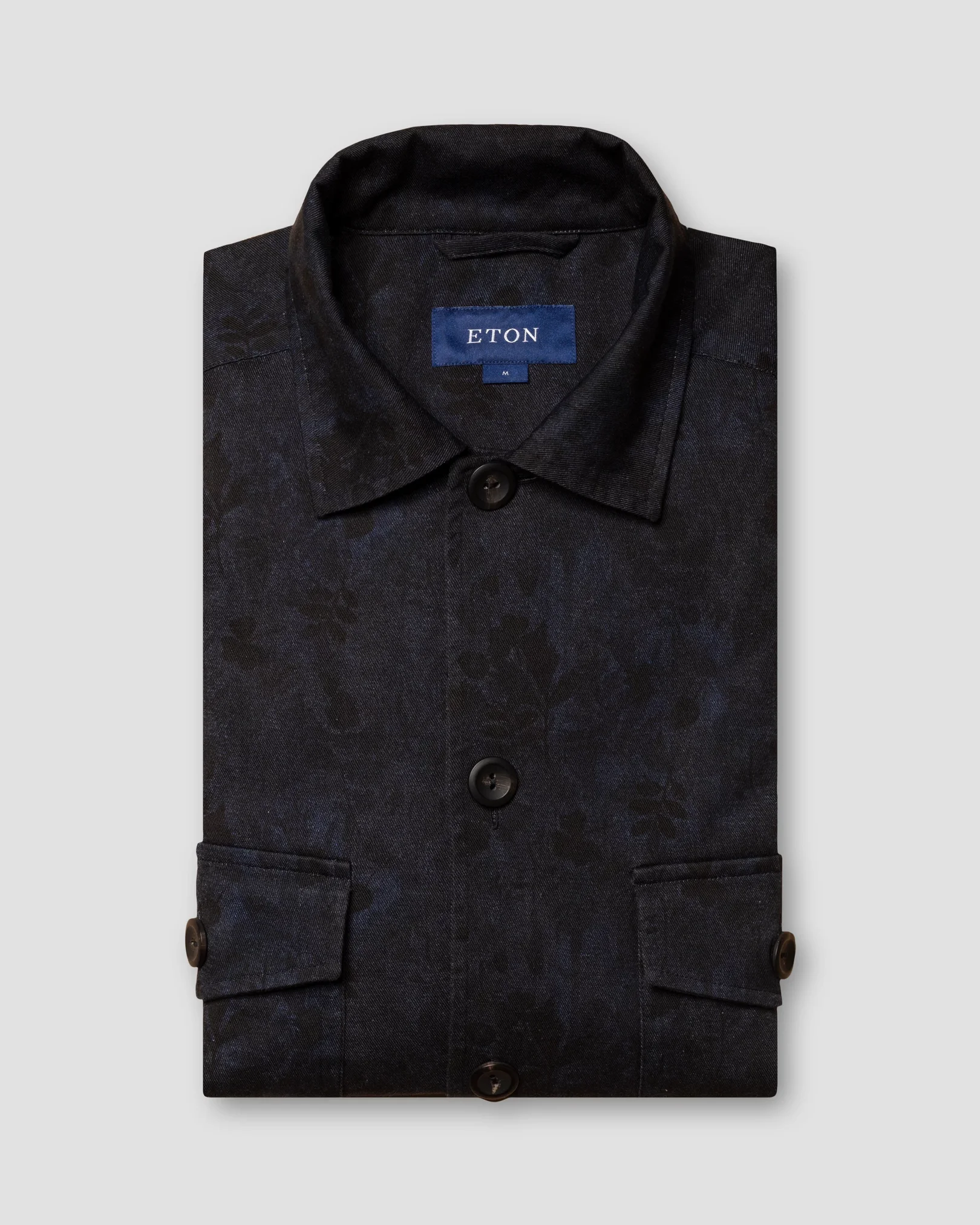Eton - dark blue gabardine print turn down single cuff pointed strap regular