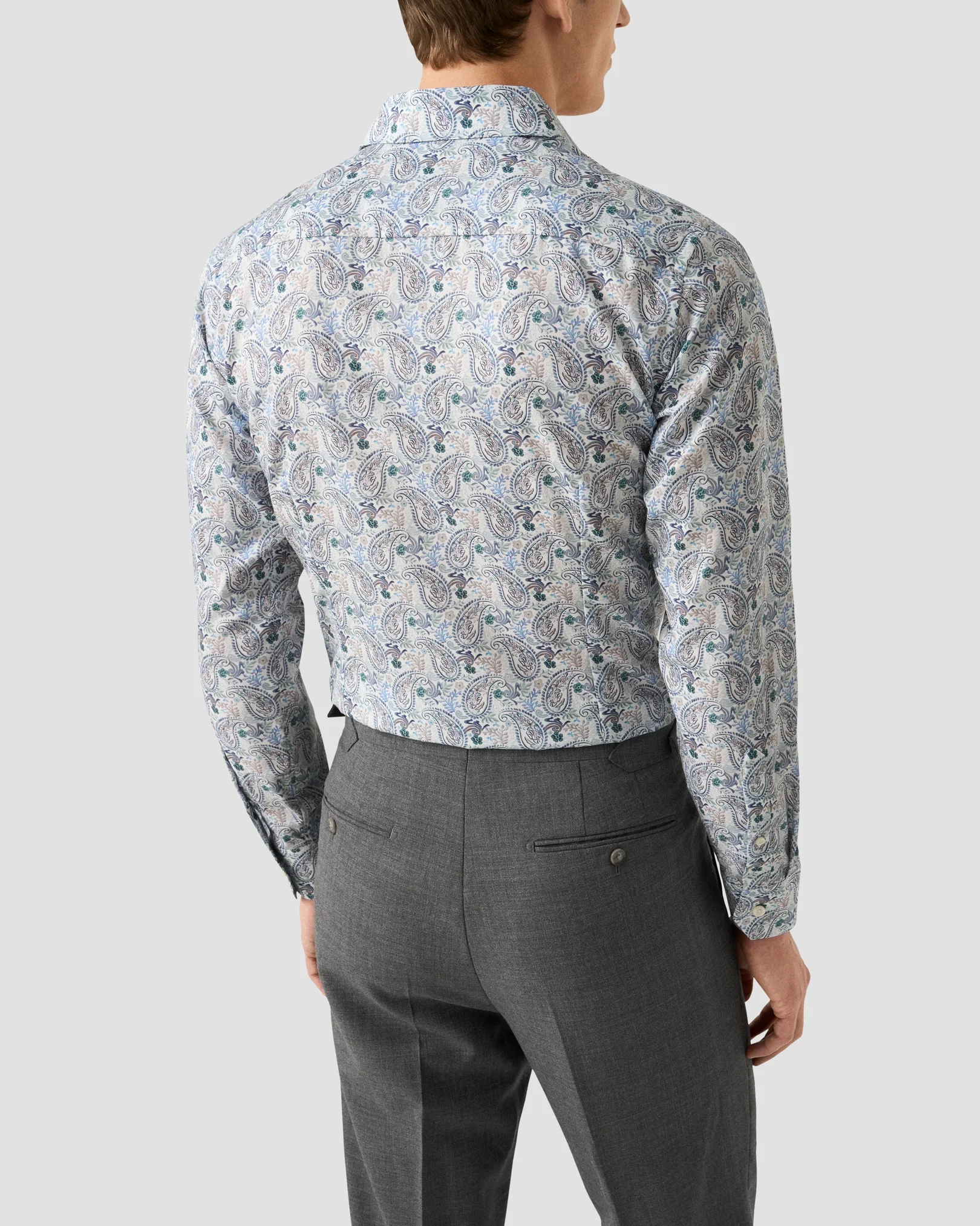 Eton - mid blue motif cotton and tencel tm lyocell shirt