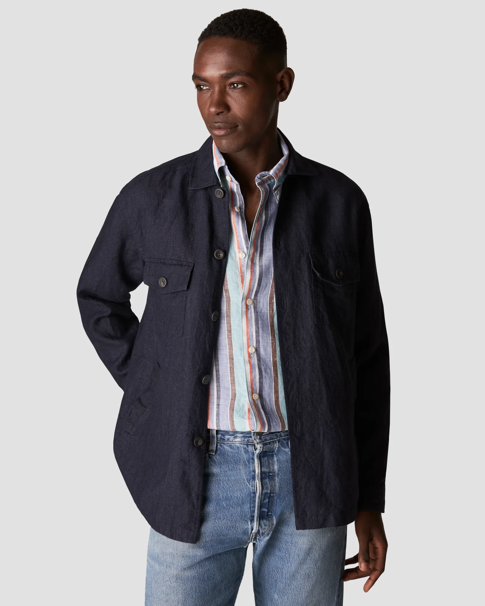 Eton - light blue bold striped linen shirt