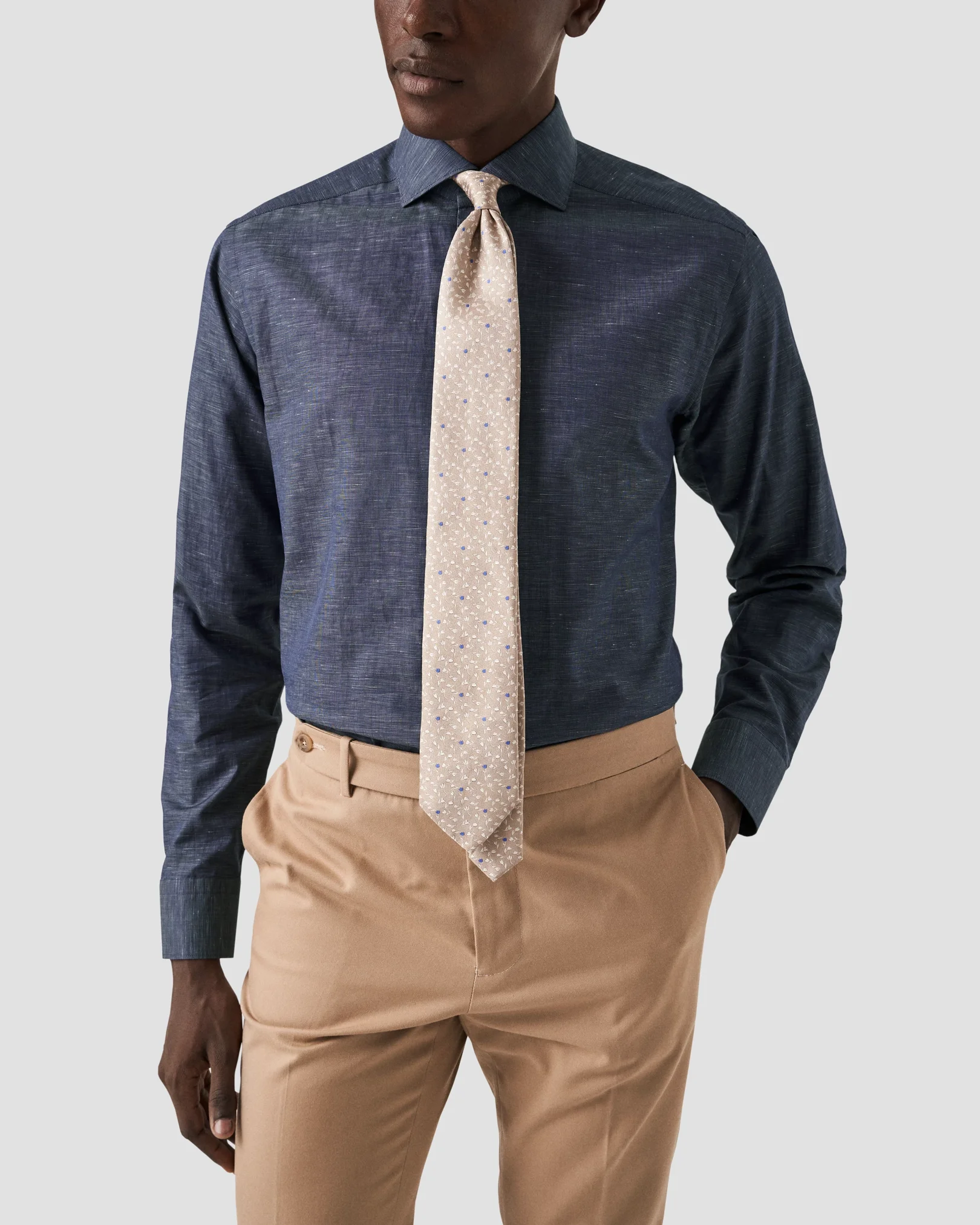 Eton - solid navy cotton linen shirt