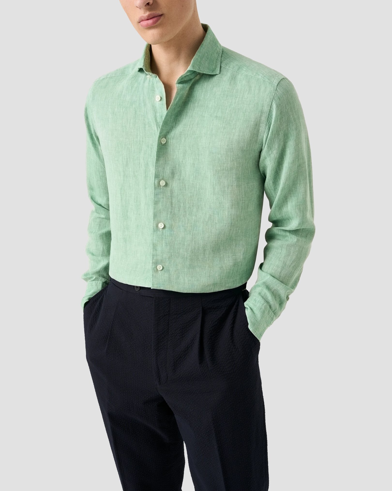 Eton - mid green solid plain weave linen shirt