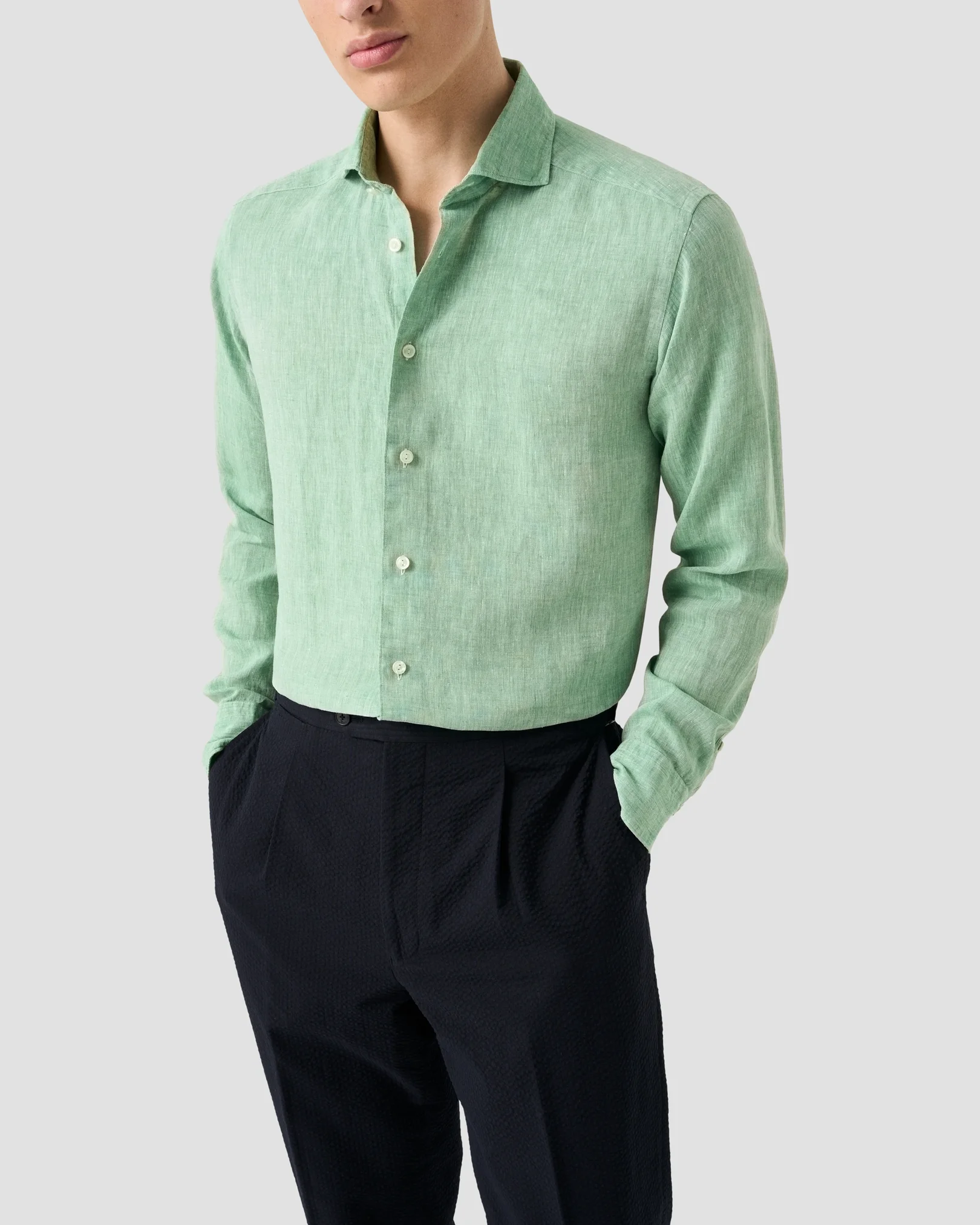 Eton - mid green solid plain weave linen shirt