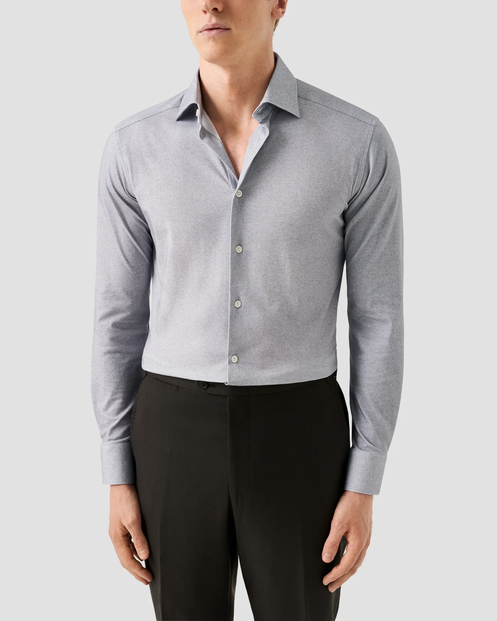 Eton - dark grey solid cotton four way stretch shirt
