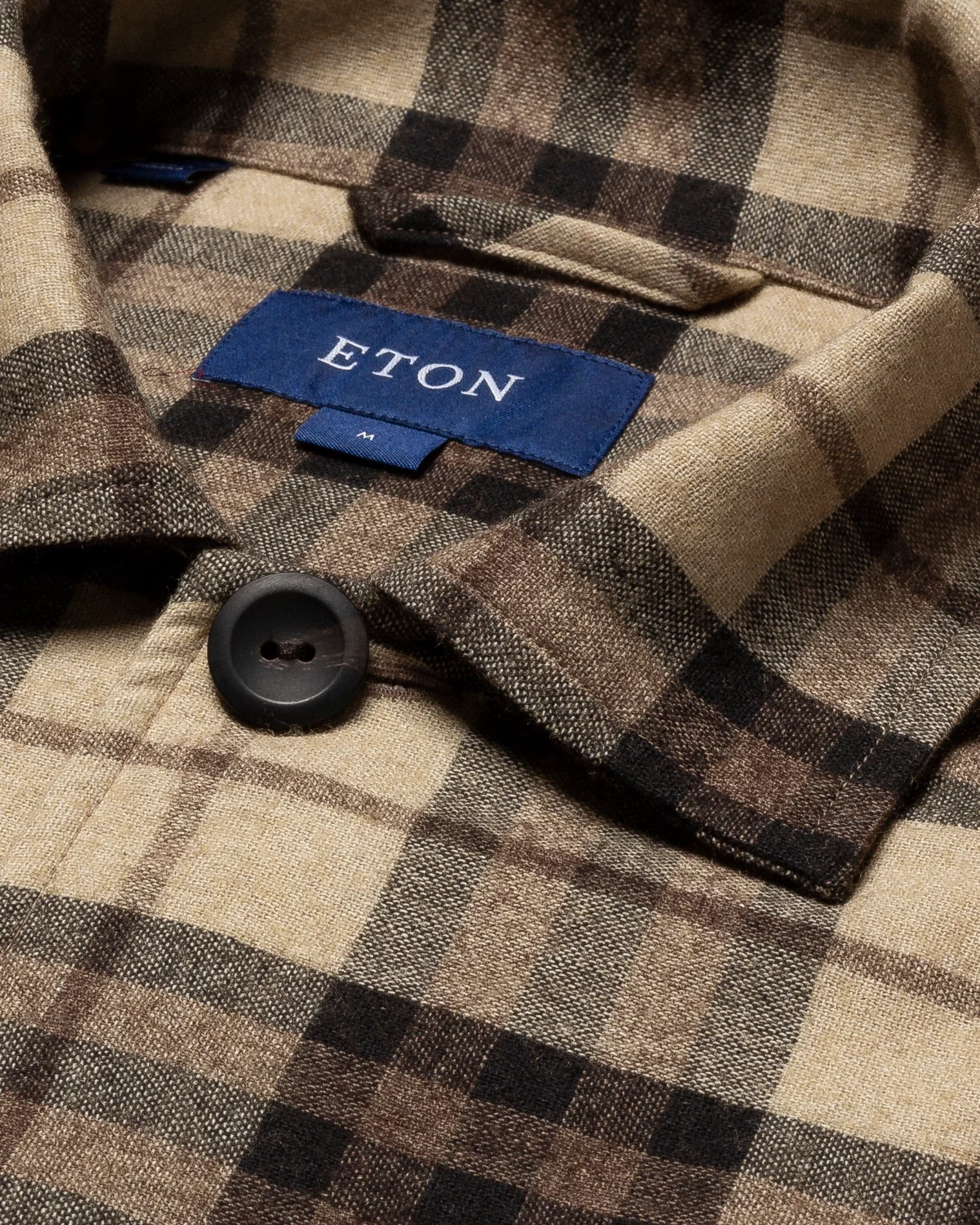 Eton - brown checked cotton wool cashmere overshirt turn down single cuff pointed strap regular