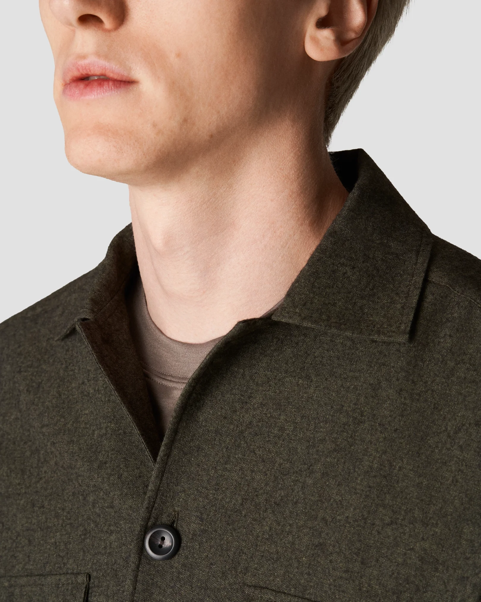 Eton - dark green flannel collar with no collarstand single cuff pointed strap regular
