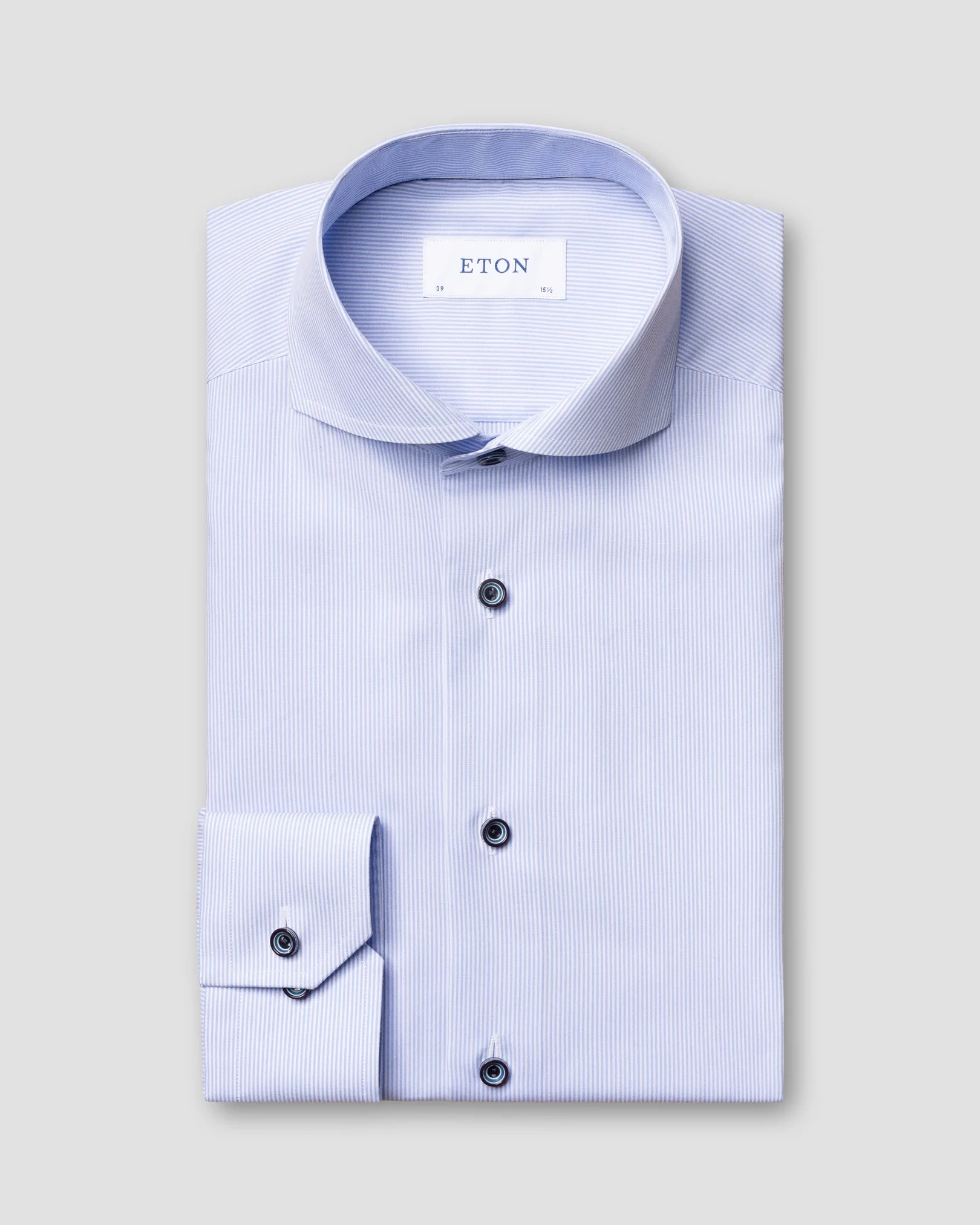 Eton - light blue striped poplin shirt navy buttons extreme cut away