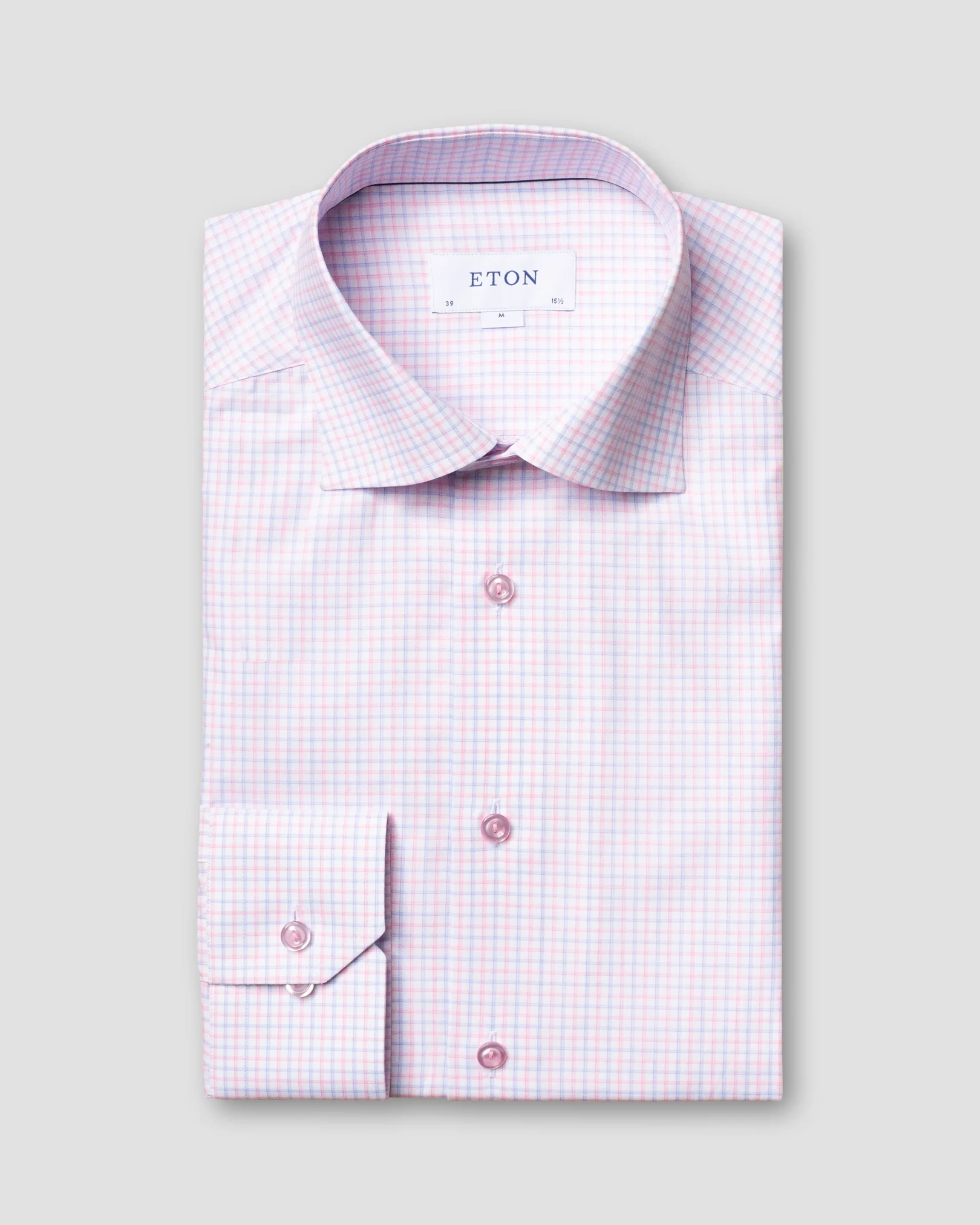 Eton - pink checked fine twill shirt cut away