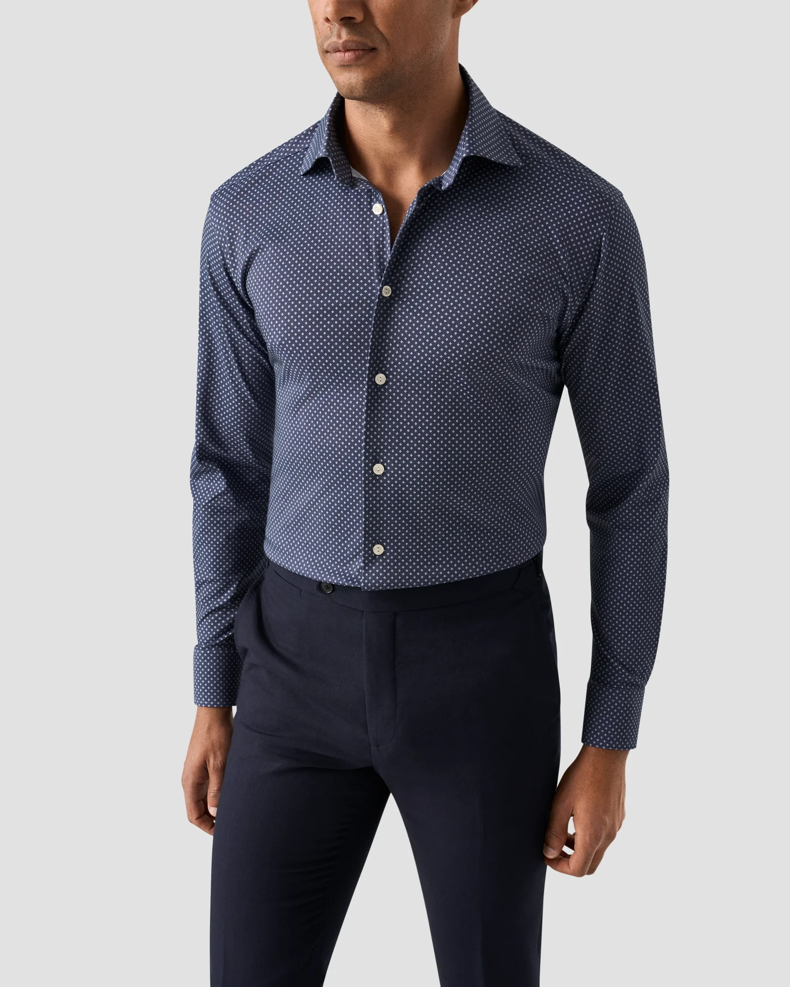 Eton - navy blue geometric cotton four way stretch shirt