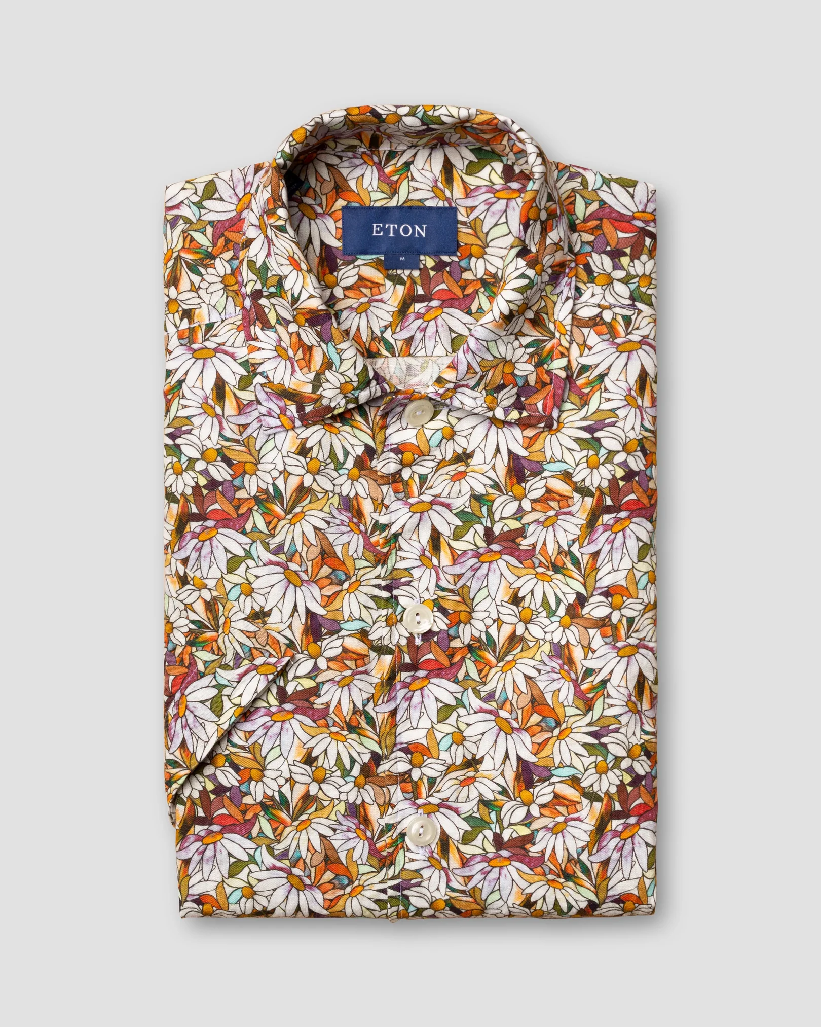 Eton - orange floral print linen shirt resort short sleeve boxfit box fit