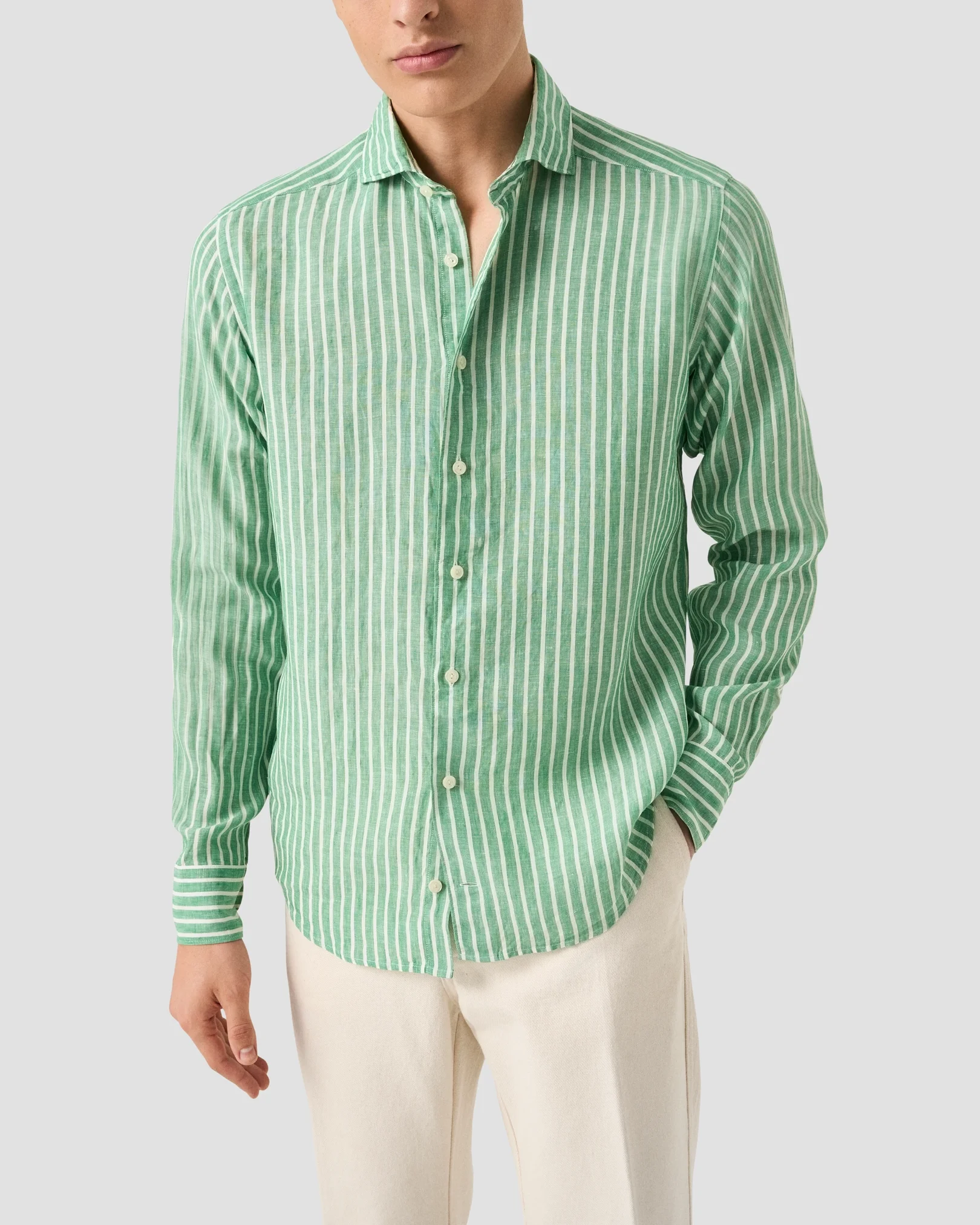Eton - mid green striped linen shirt