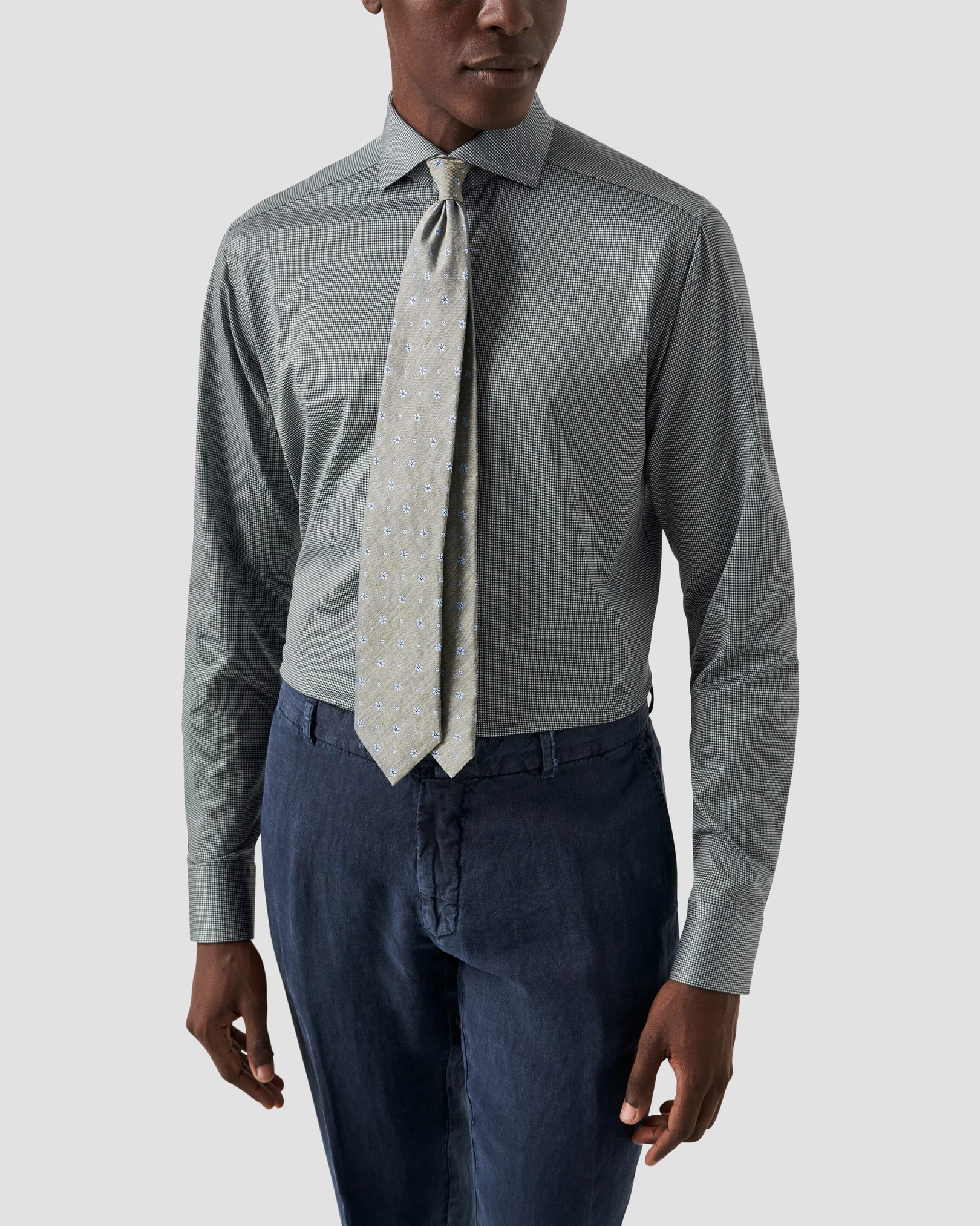 Eton - mid green micro checked king knit shirt