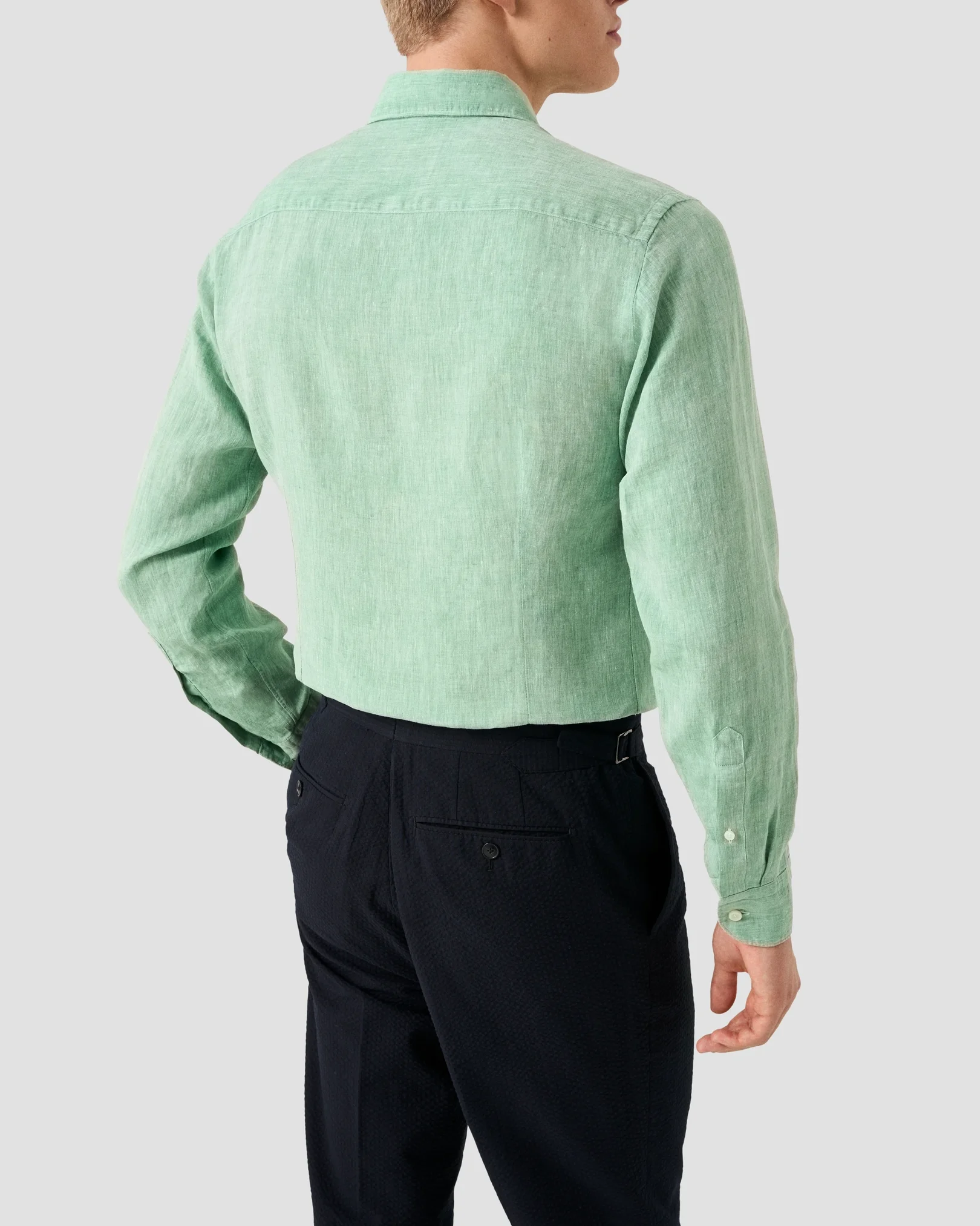 Eton - mid green solid plain weave linen shirt