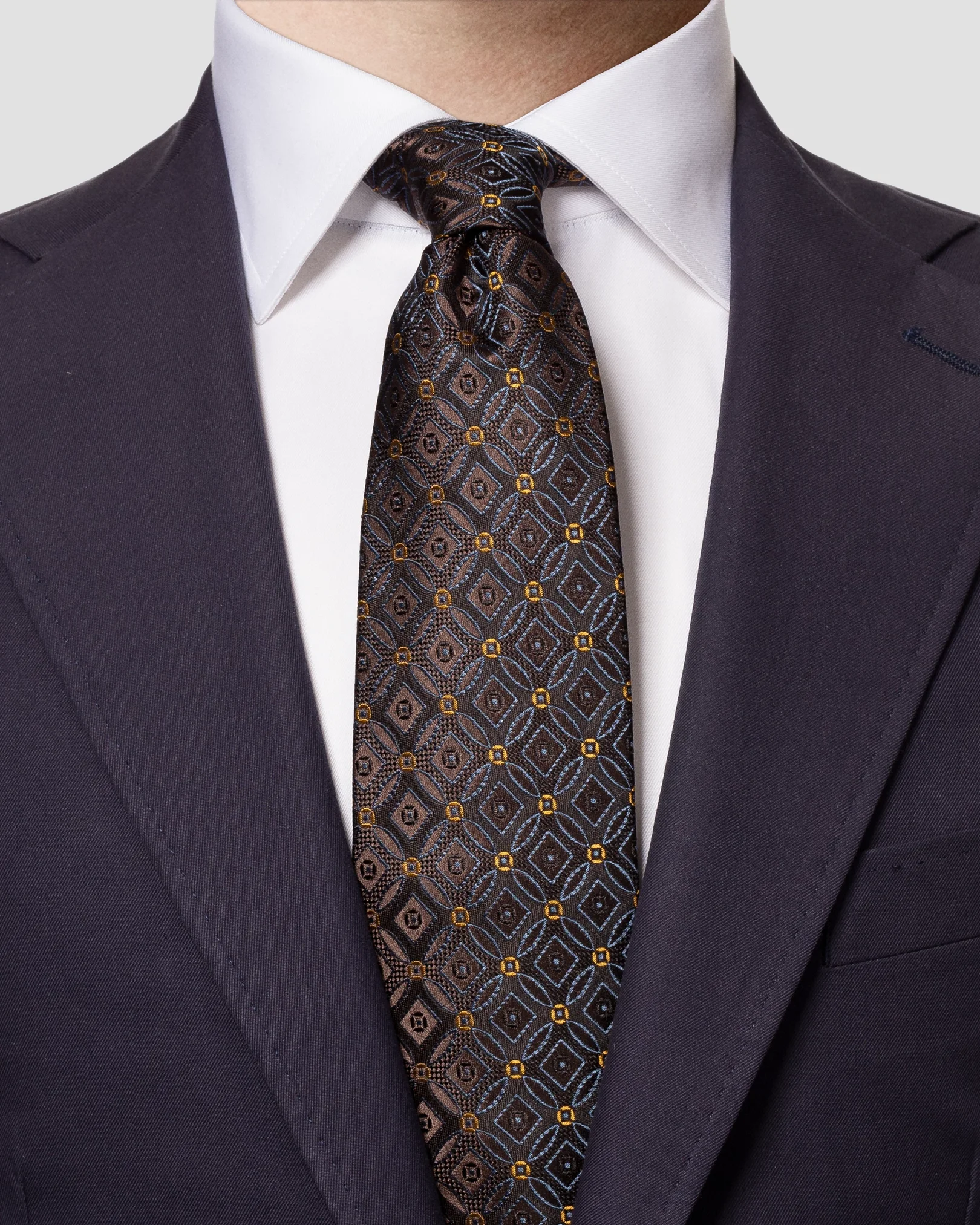 Eton - brown geometric silk tie offwhite
