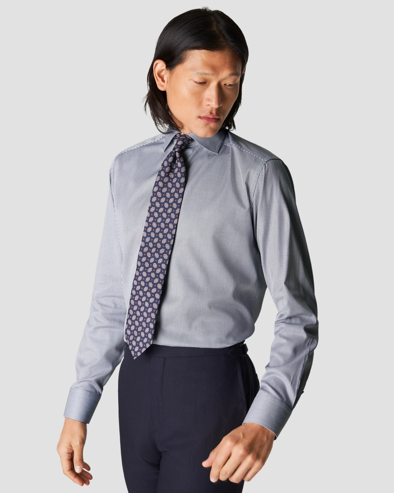 Eton - navy blue twill thin striped