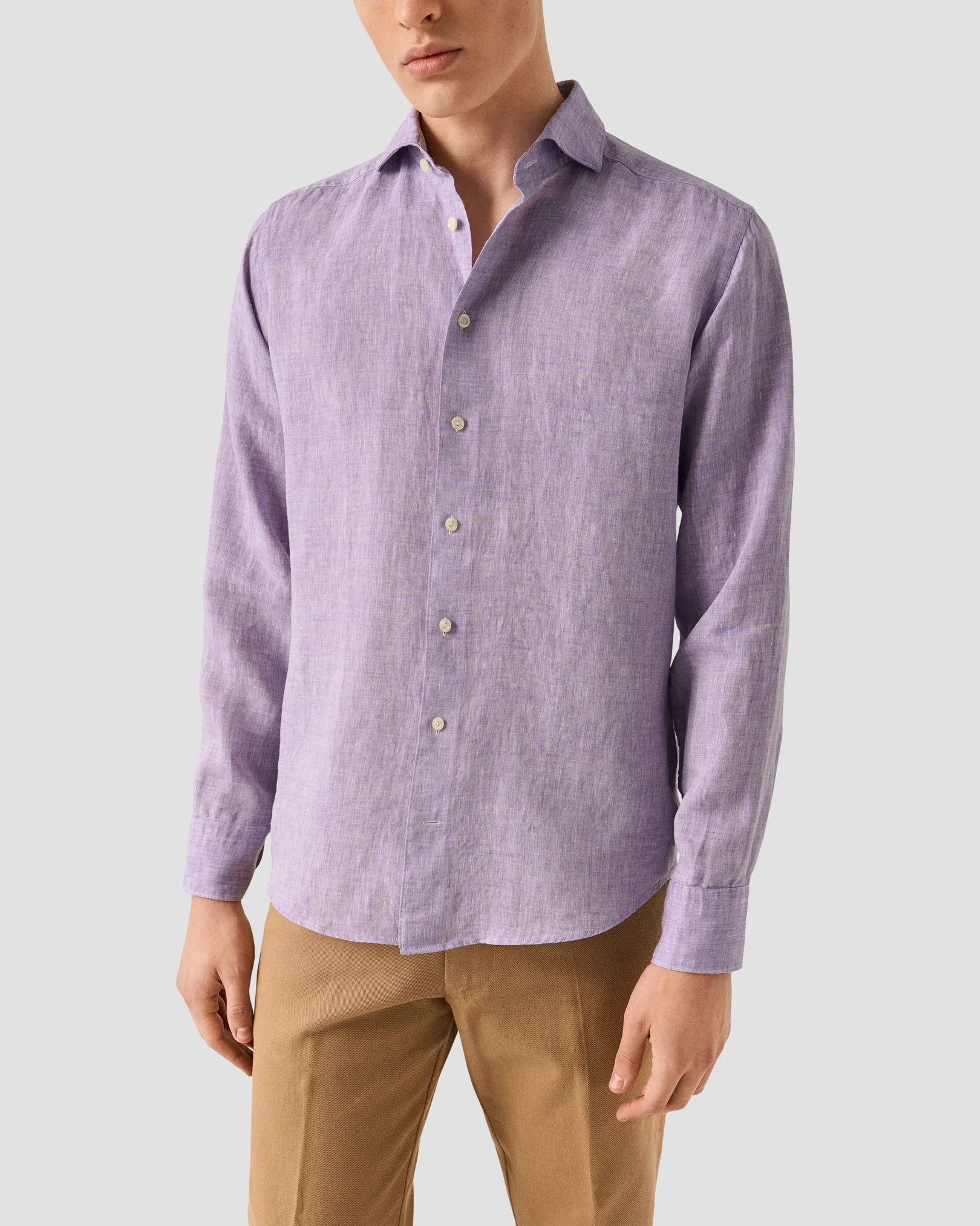 Eton - mid purple solid plain weave linen shirt
