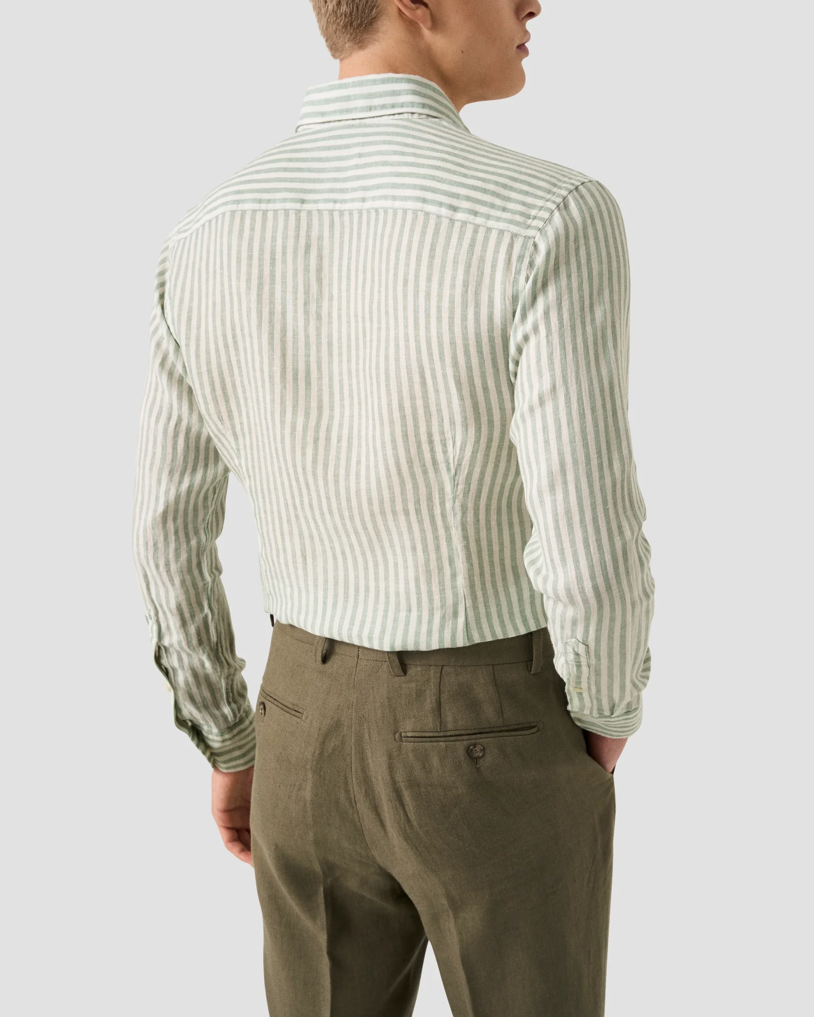 Eton - mid green striped linen twill shirt