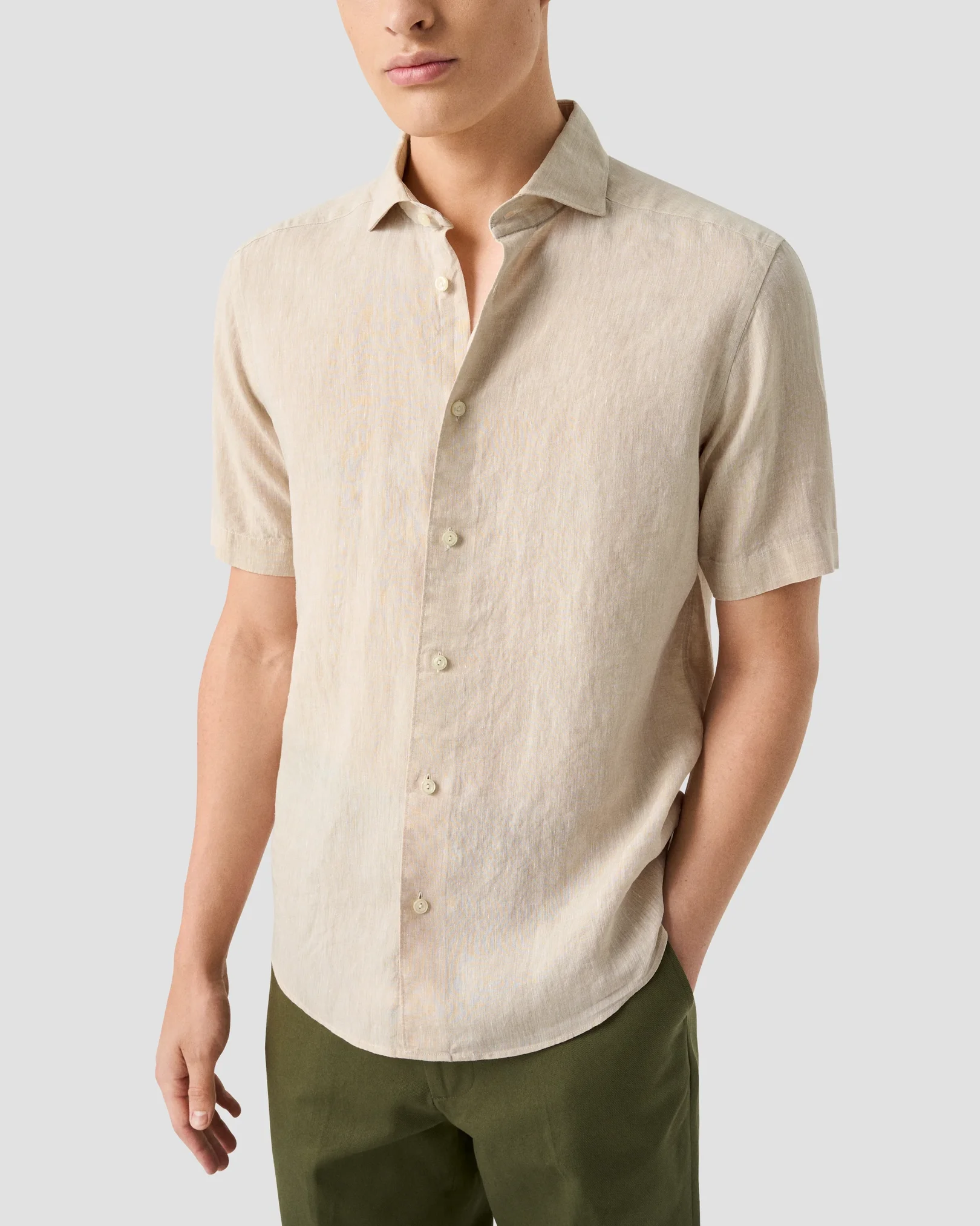 Eton - beige solid short sleeve linen shirt