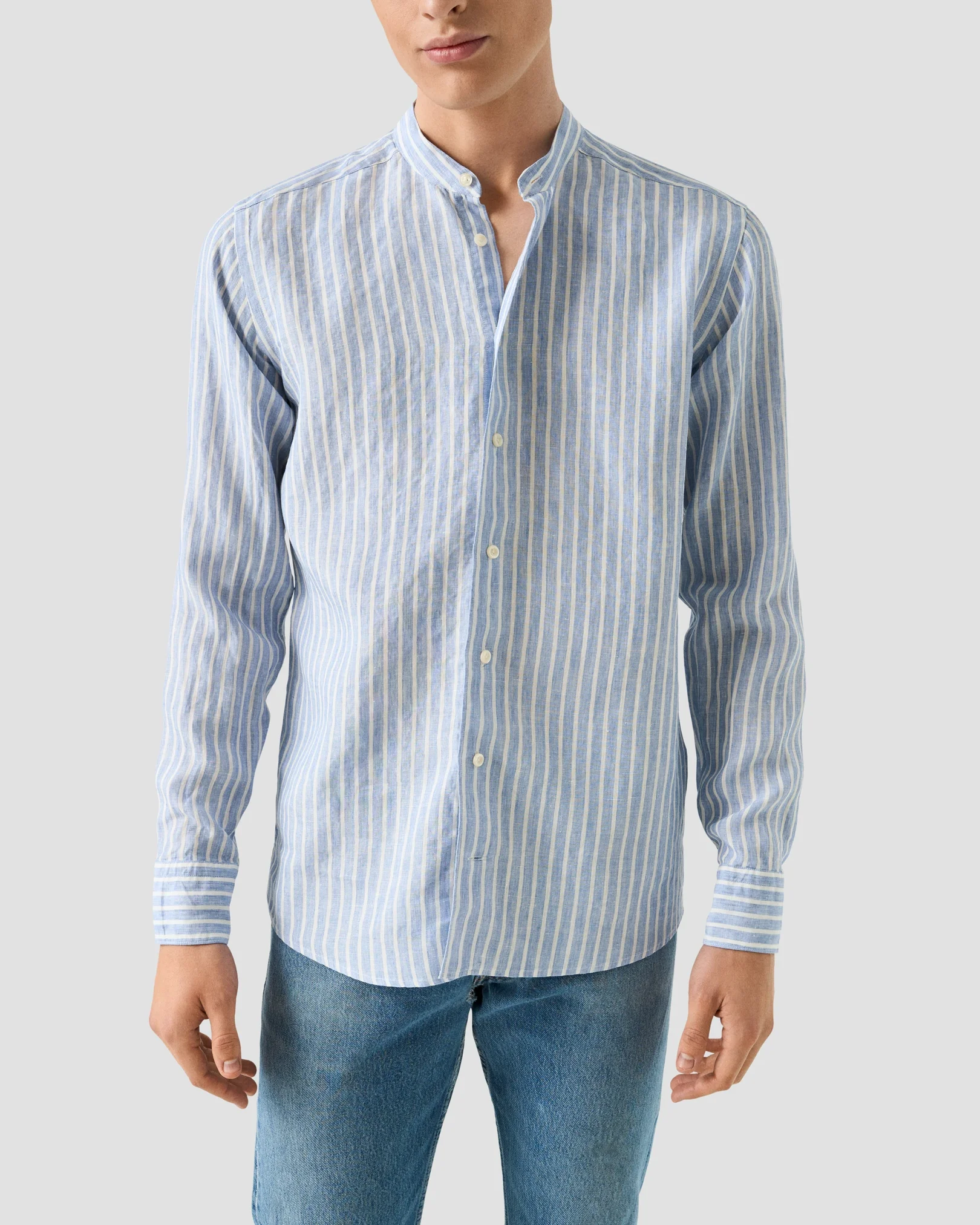 Eton - light blue striped linen shirt widespread