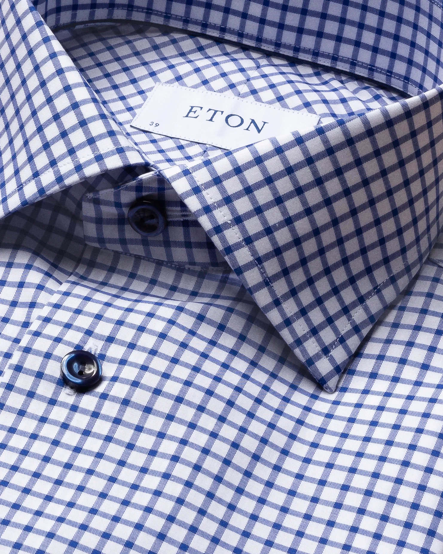 Eton - blue checked stretch twill shirt navy buttons cut away