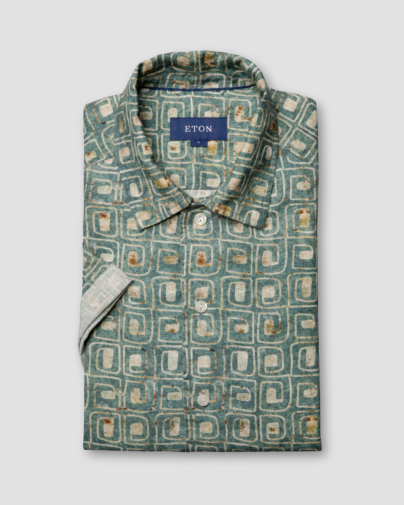 Eton - green block print linen resort shirt