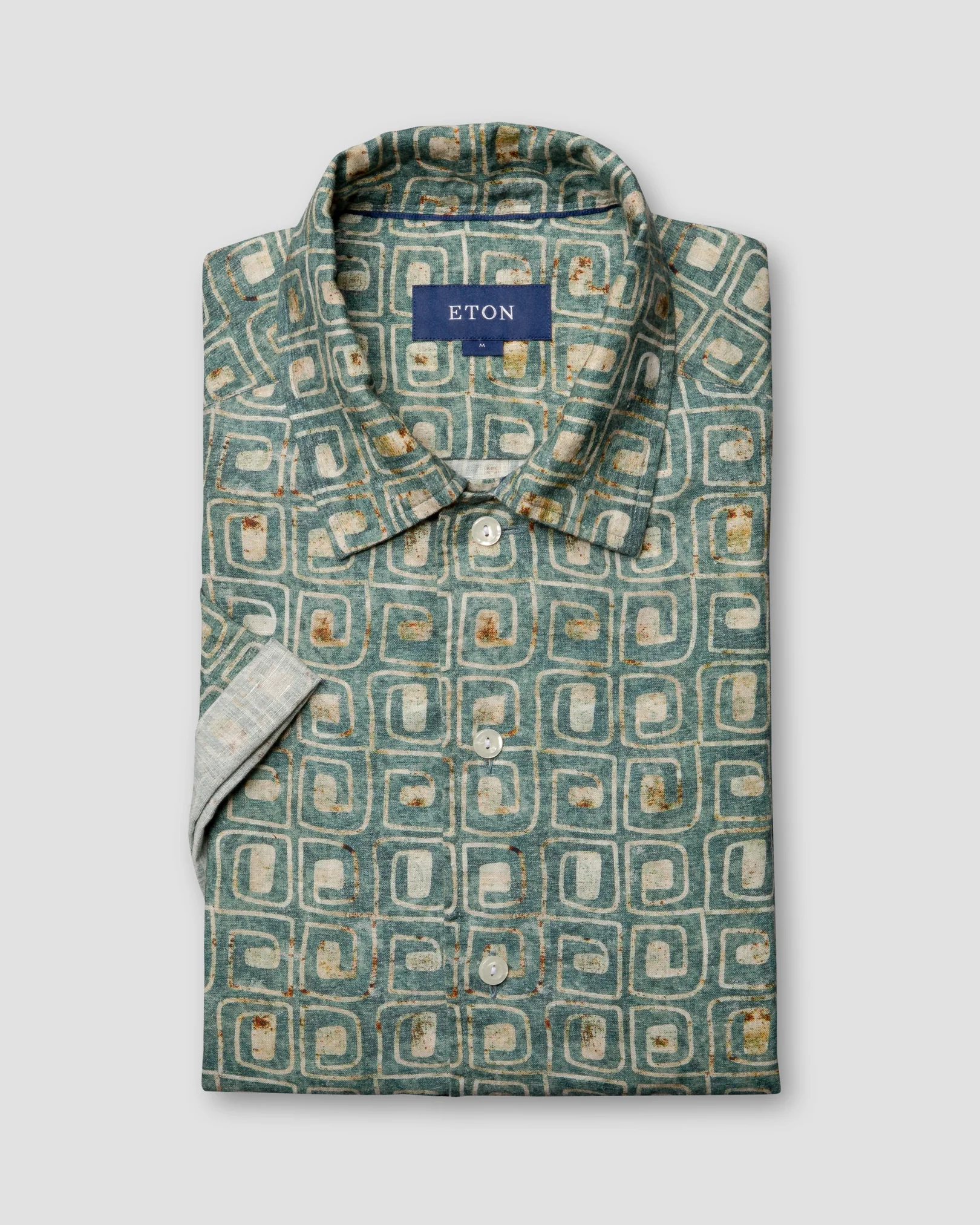 Eton - green block print linen resort shirt