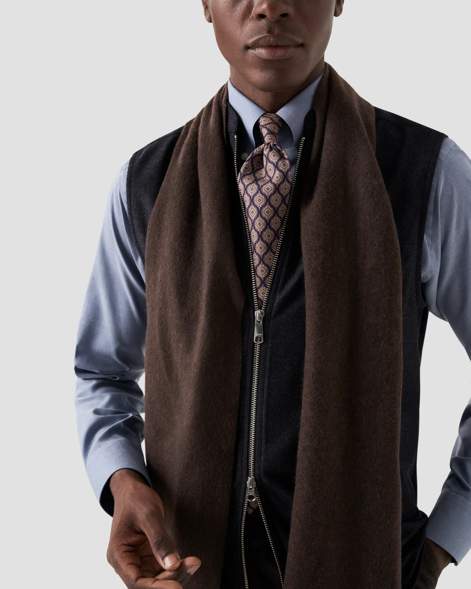Eton - dark blue heavy flannel stand collar low no cuff vest