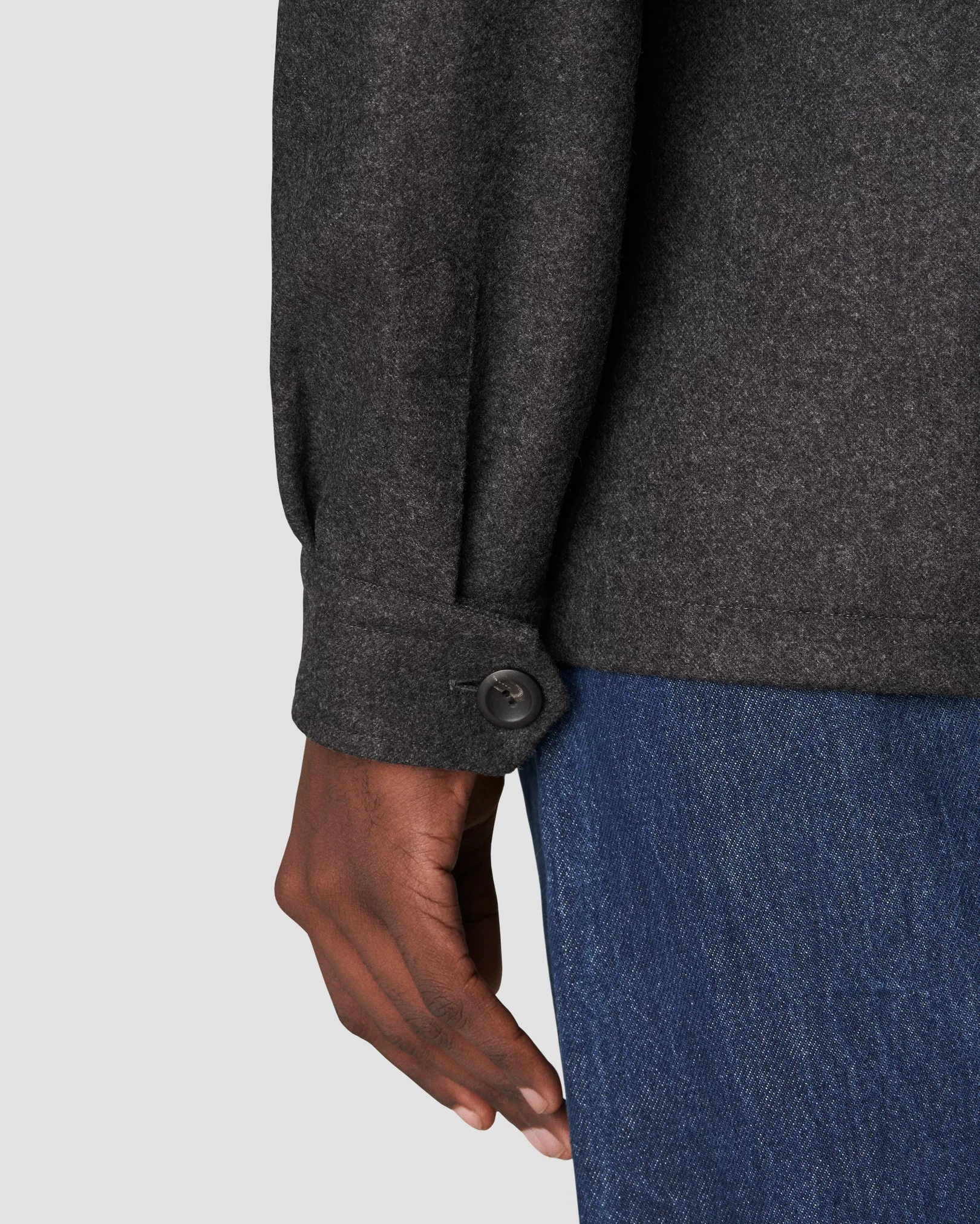 Eton - dark grey wool twill soft pointed single cuff pointed strap casual
