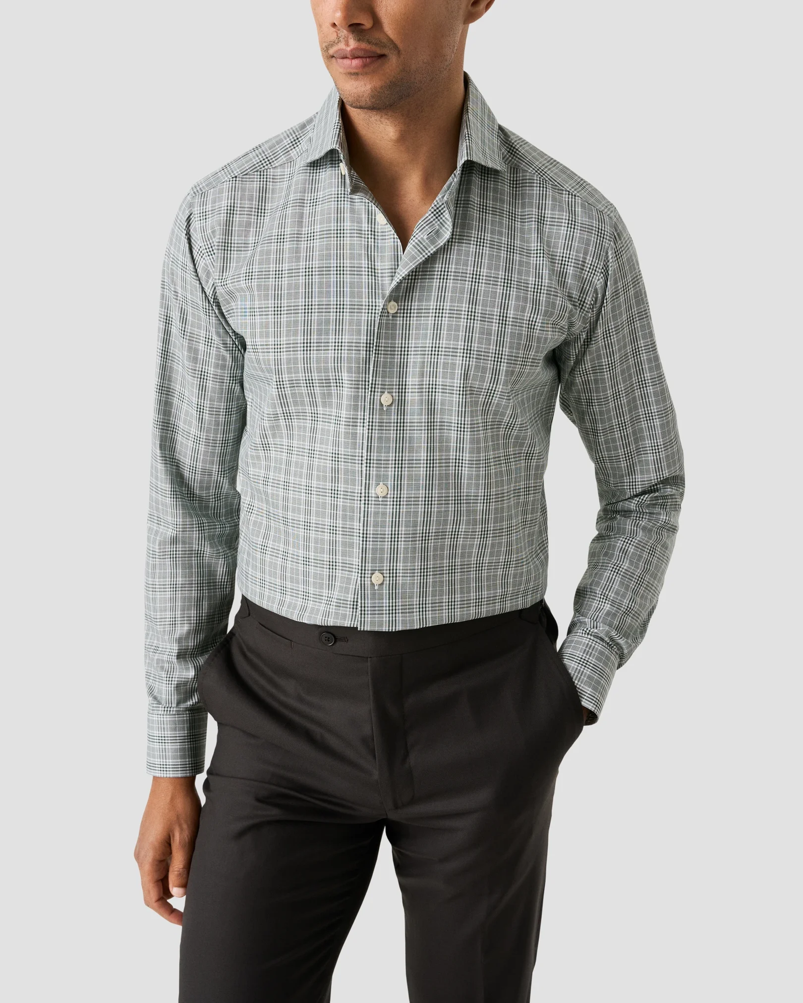 Eton - dark green prince of wales check twill shirt