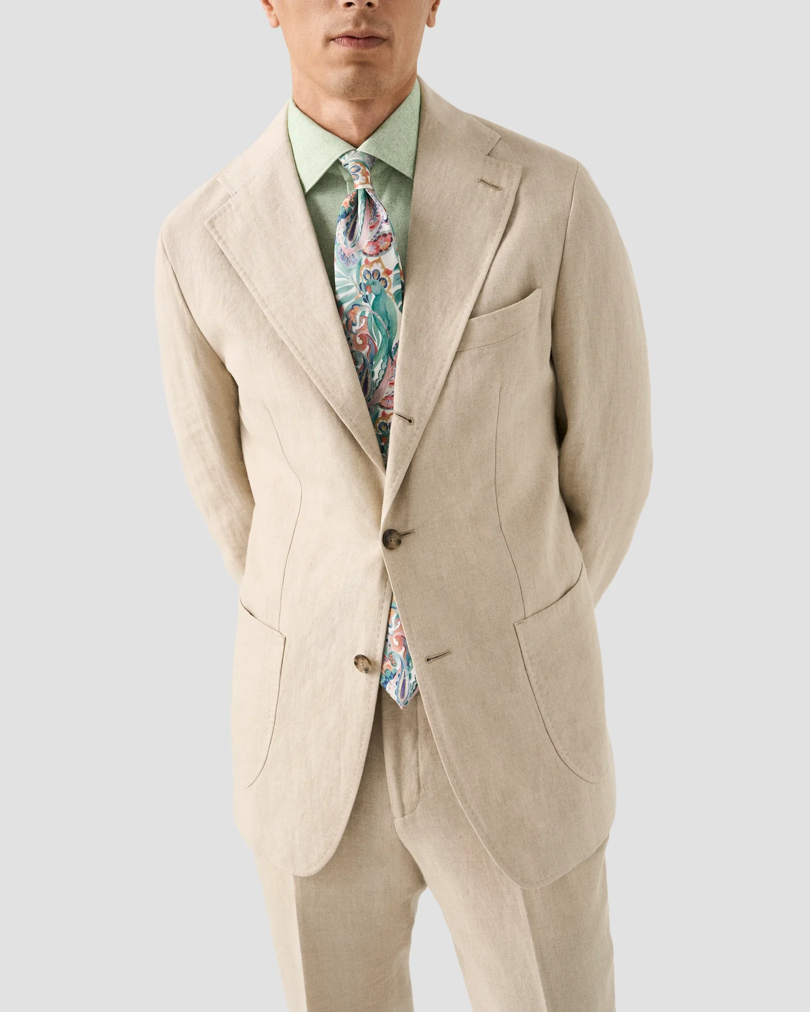 Eton - mid green solid cotton four way stretch shirt